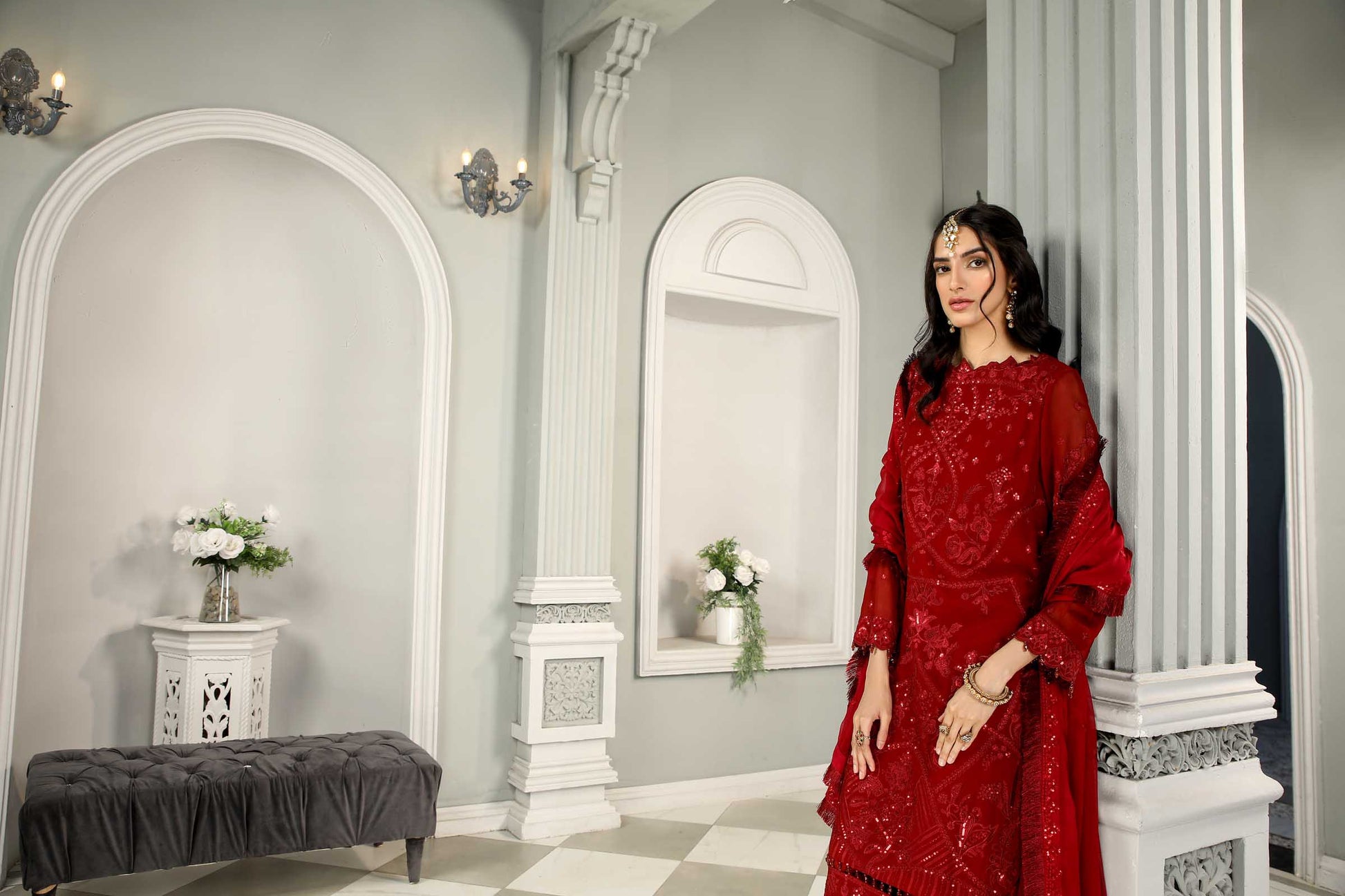 Red Embroidered Chiffon 3 Piece Suit | Maan Mayal | Maahru