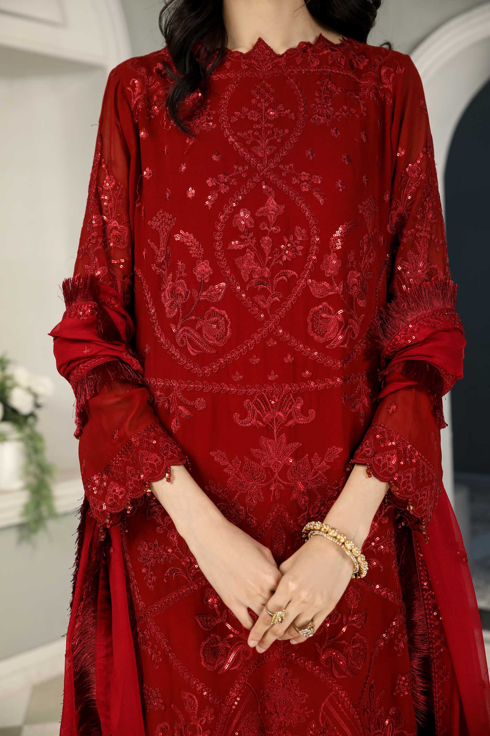 Red Embroidered Chiffon 3 Piece Suit | Maan Mayal | Maahru