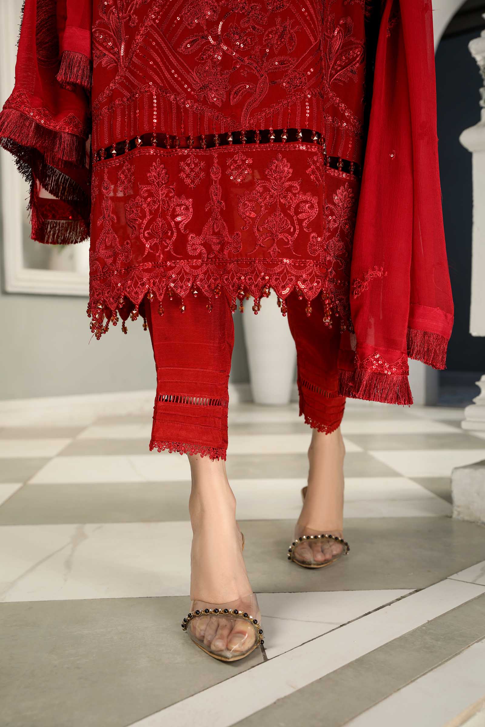 Red Embroidered Chiffon 3 Piece Suit | Maan Mayal | Maahru