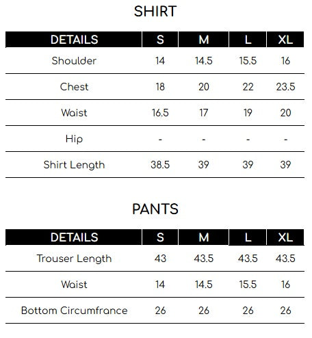 Size chart for Blue Adda Work Formal 3 Piece Suit | Mumtaz | Malika E Jahan