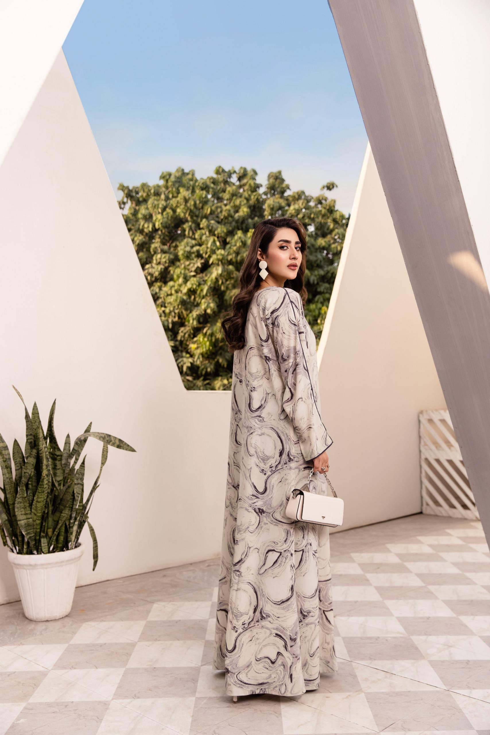 Grey and charcoal marble print abaya with matching scarf – modest full-length outfit by SK Designs