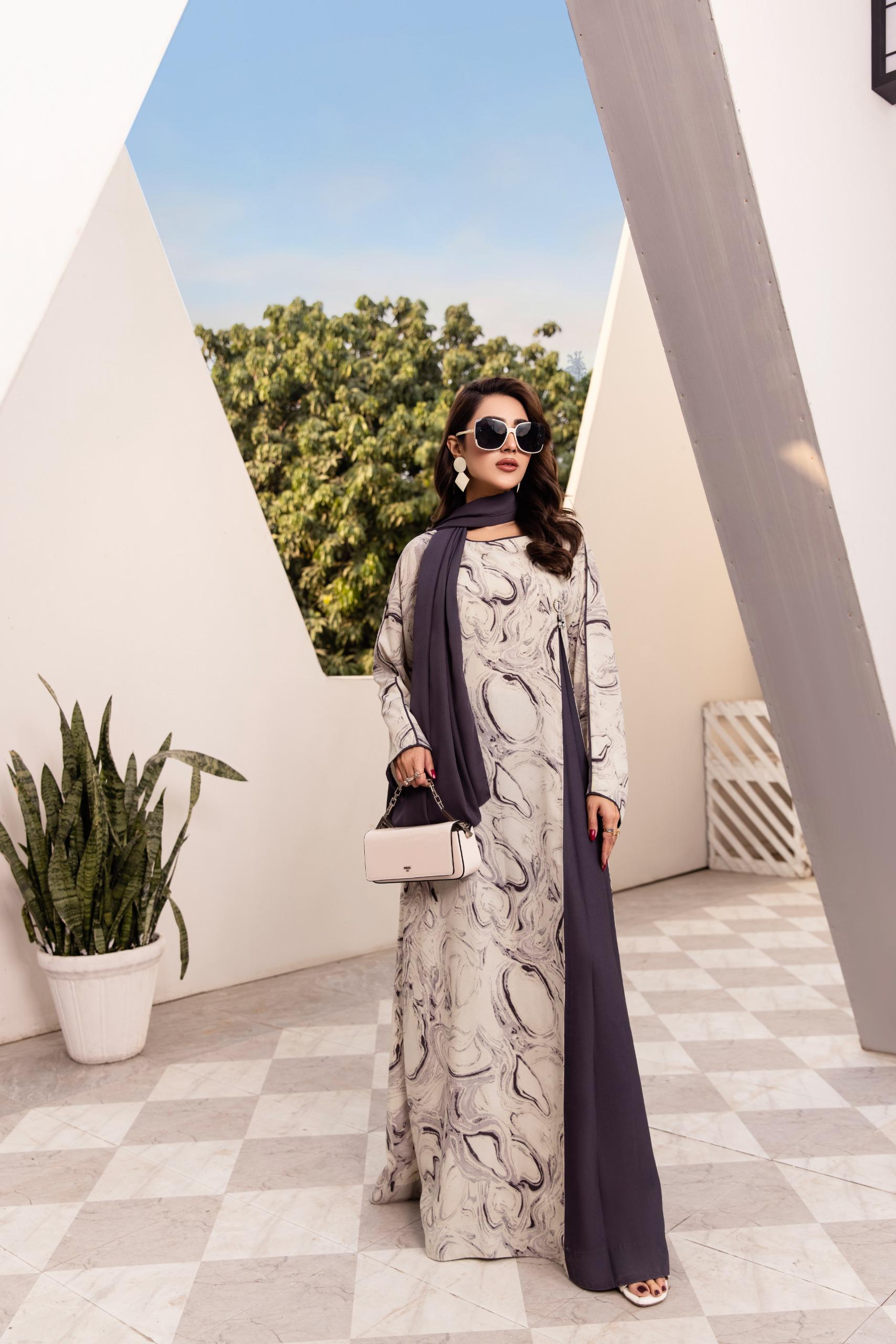 Grey and charcoal marble print abaya with matching scarf – modest full-length outfit by SK Designs