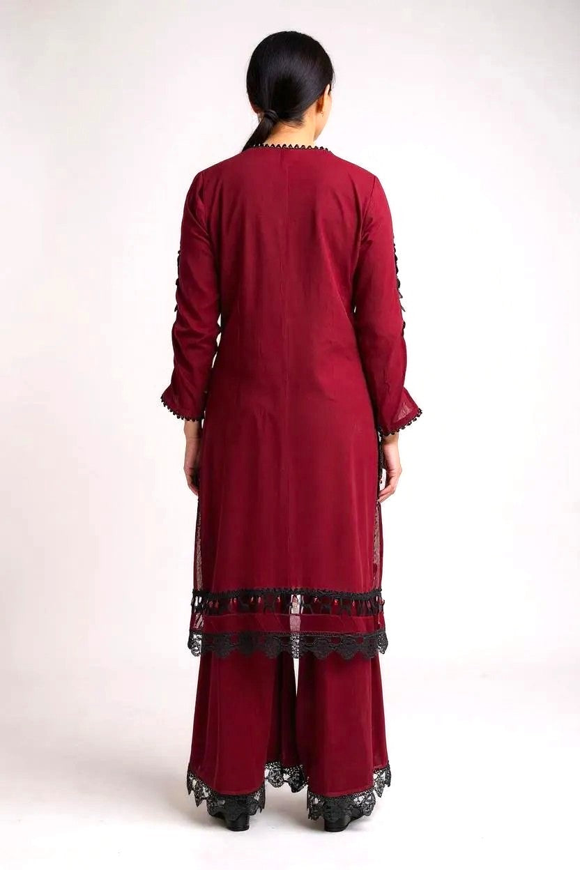 Maroon Embroidered 3 Piece Suit | SK Designs | SKF1
