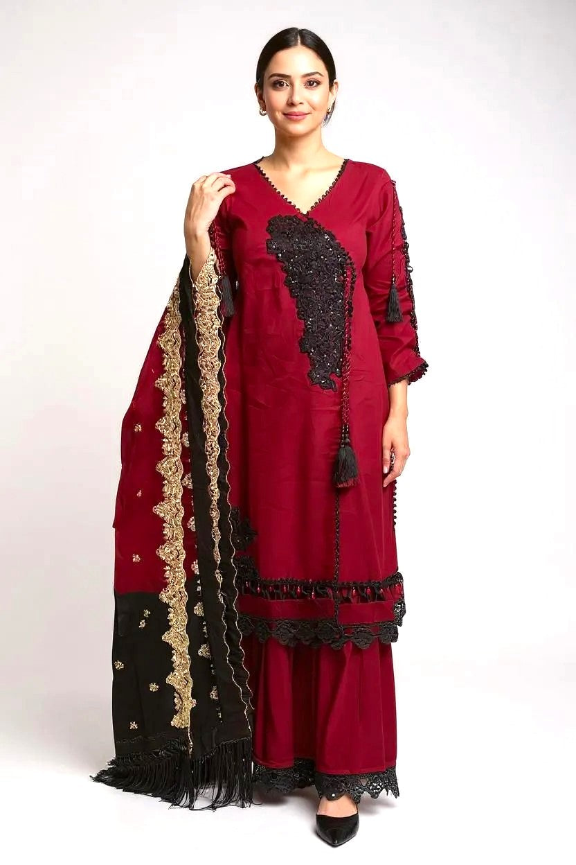 Maroon Embroidered 3 Piece Suit | SK Designs | SKF1