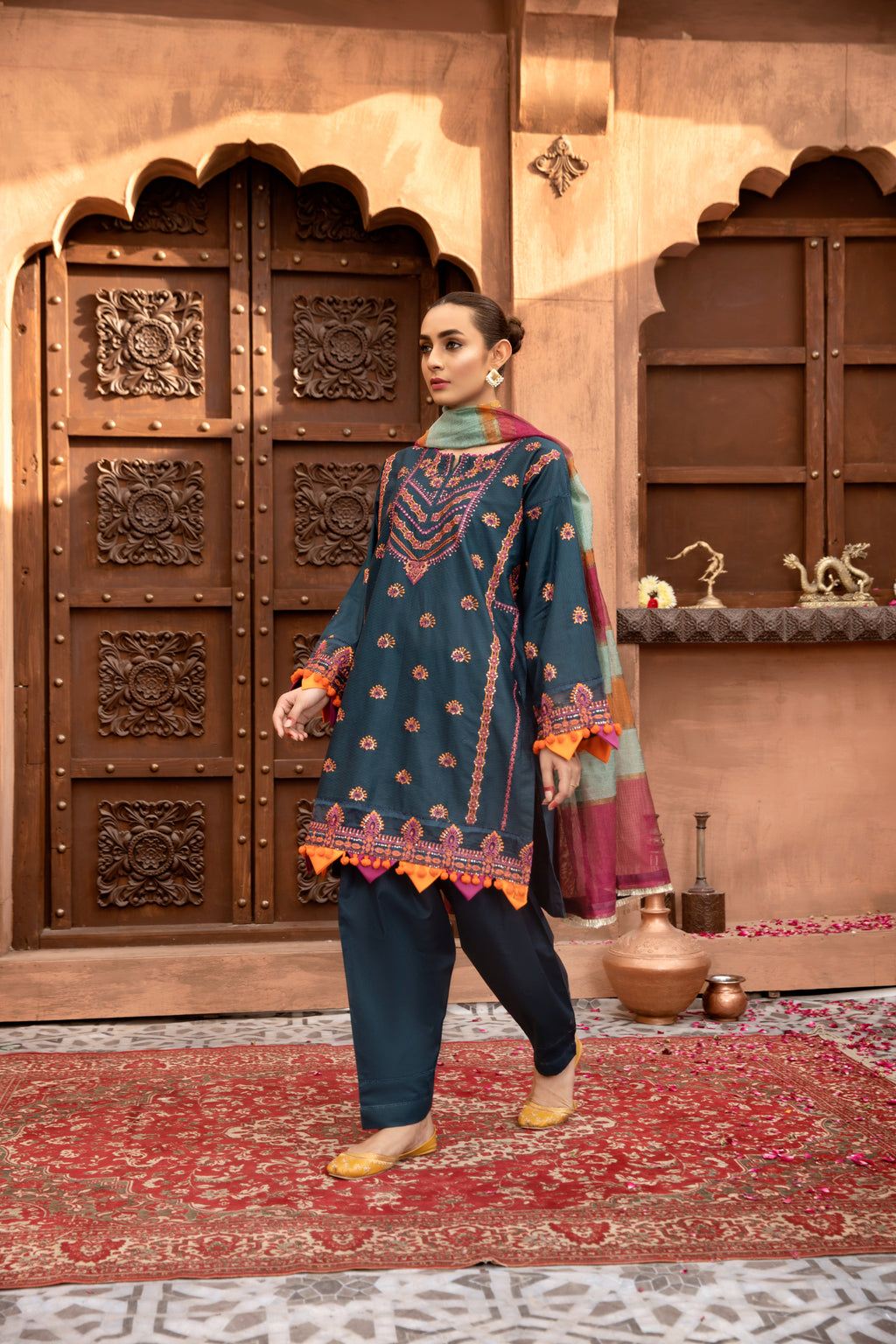 Teal Embroidered 3 Piece Suit | ZUN | Meher
