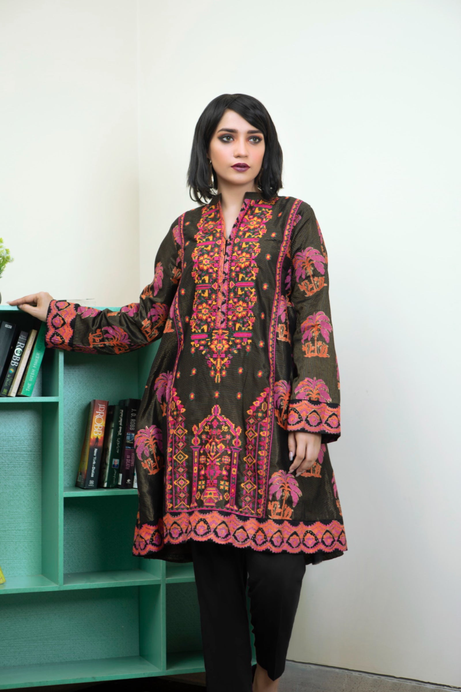 Black & Pink Embroidered Block Print 2 Piece Suit | ZUN | Meher