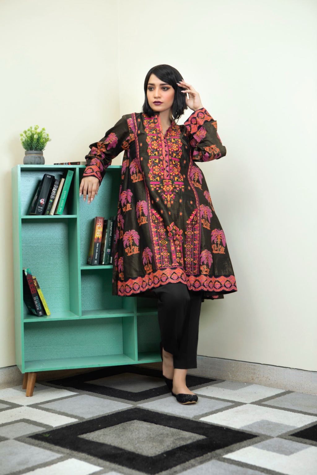 Black & Pink Embroidered Block Print 2 Piece Suit | ZUN | Meher