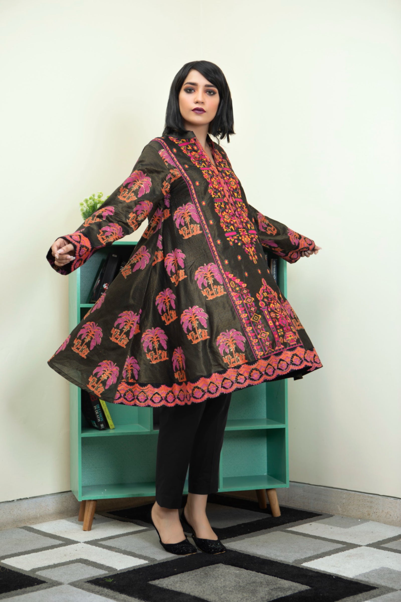 Black & Pink Embroidered Block Print 2 Piece Suit | ZUN | Meher