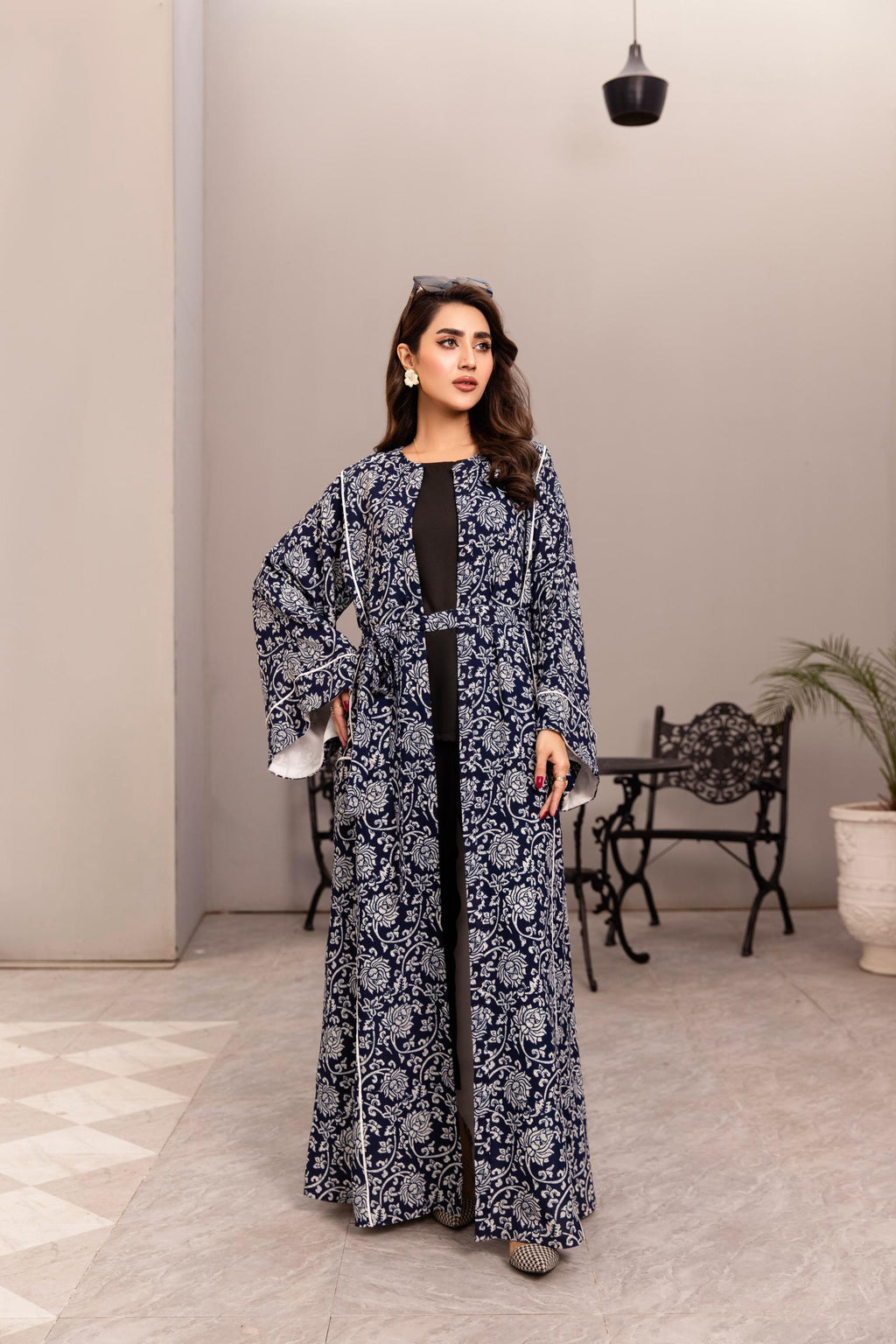 Navy floral kimono with belt and flowing sleeves – modest outerwear by SK Designs