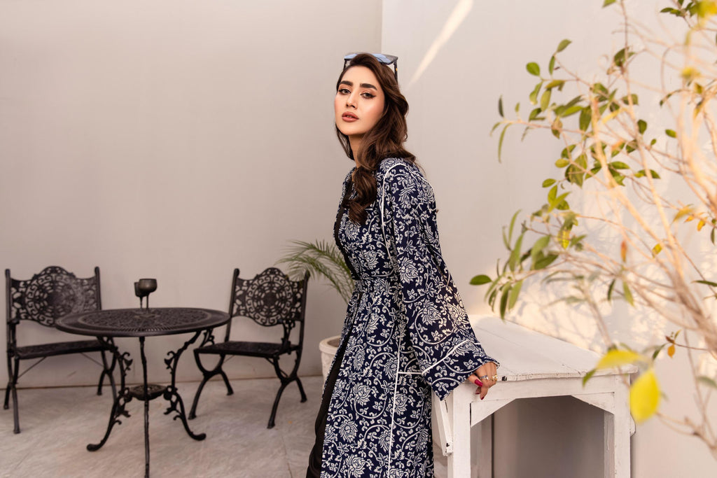 Navy floral kimono with belt and flowing sleeves – modest outerwear by SK Designs