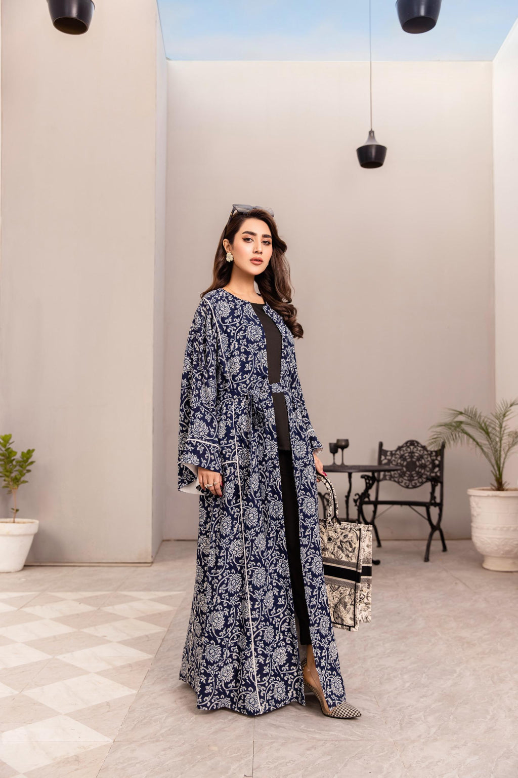 Navy floral kimono with belt and flowing sleeves – modest outerwear by SK Designs