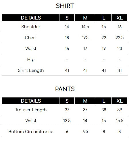 Size chart for Green Adda Work Formal 3 Piece Suit | Mumtaz | Nur Jahan