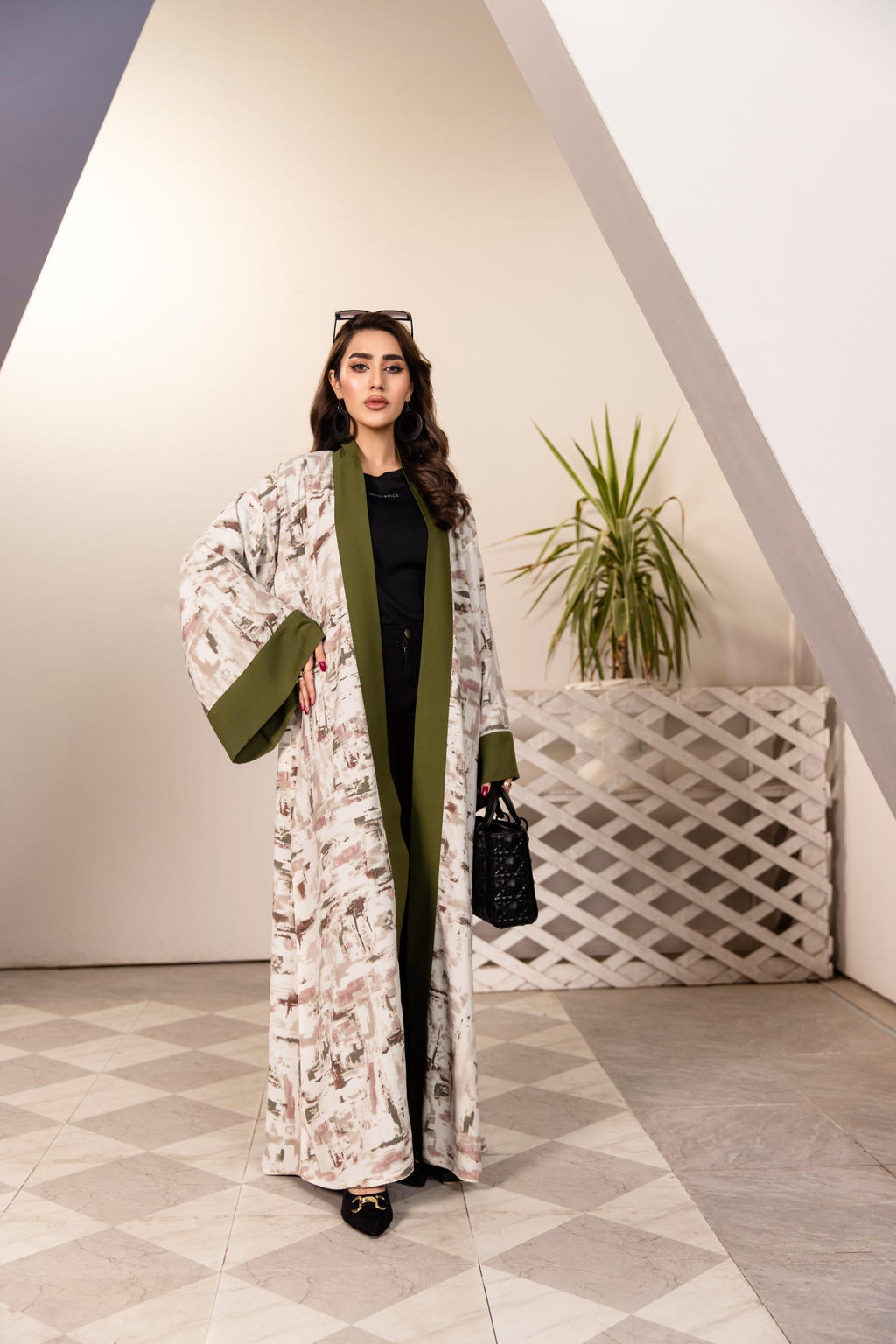 Olive green printed open kimono in abstract brushstroke design – modest statement layer by SK Designs