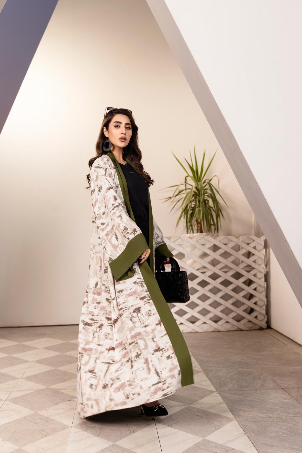 Olive green printed open kimono in abstract brushstroke design – modest statement layer by SK Designs