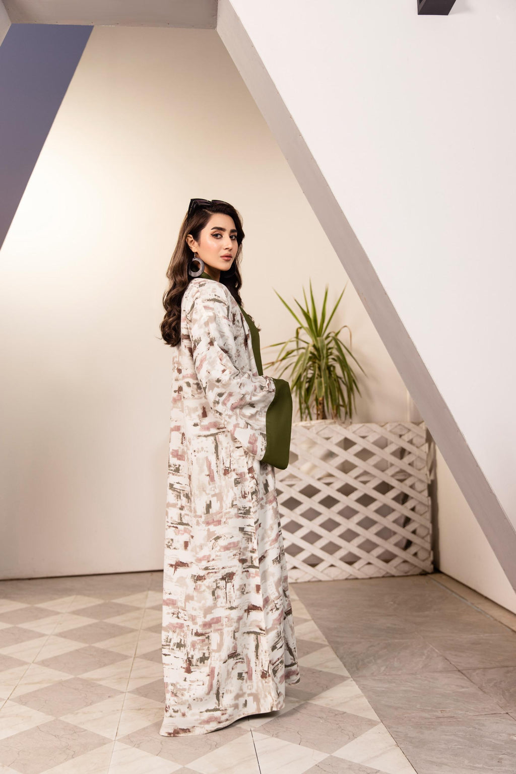 Olive green printed open kimono in abstract brushstroke design – modest statement layer by SK Designs