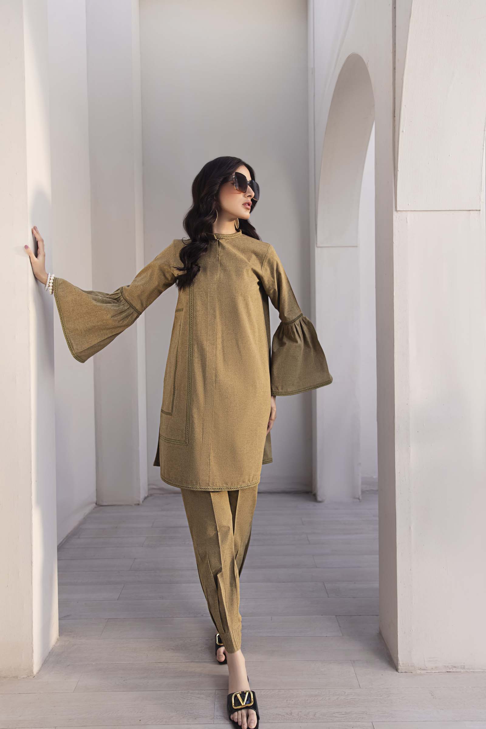 Khaki Green Flared Sleeve 2 Piece Suit | Izel | Oya