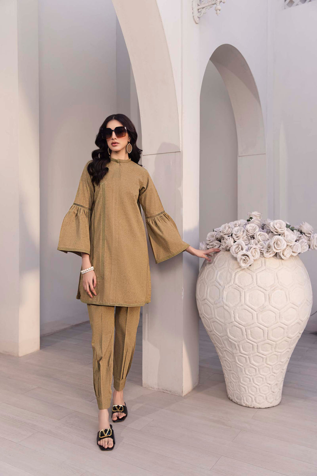Khaki Green Flared Sleeve 2 Piece Suit | Izel | Oya