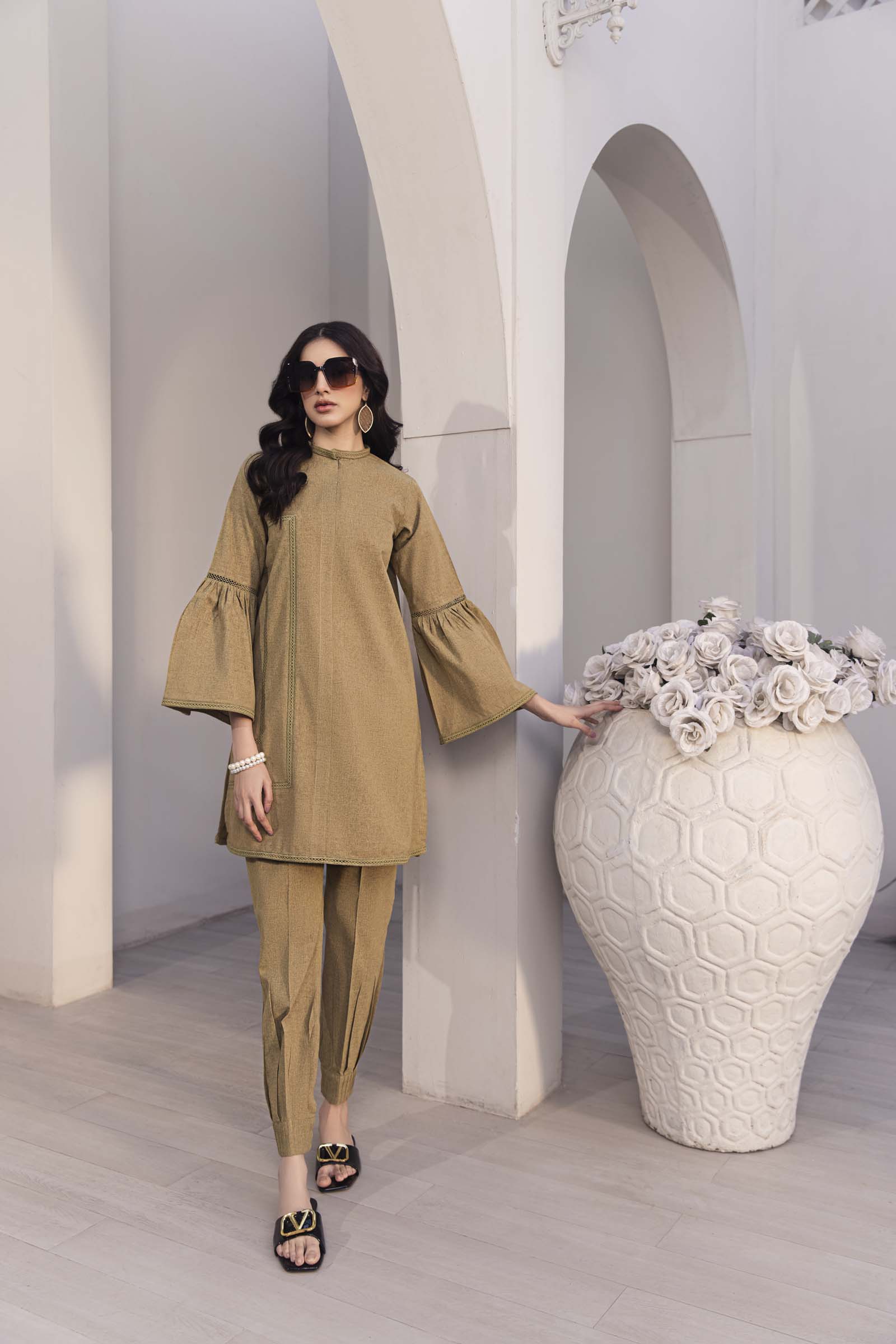 Khaki Green Flared Sleeve 2 Piece Suit | Izel | Oya