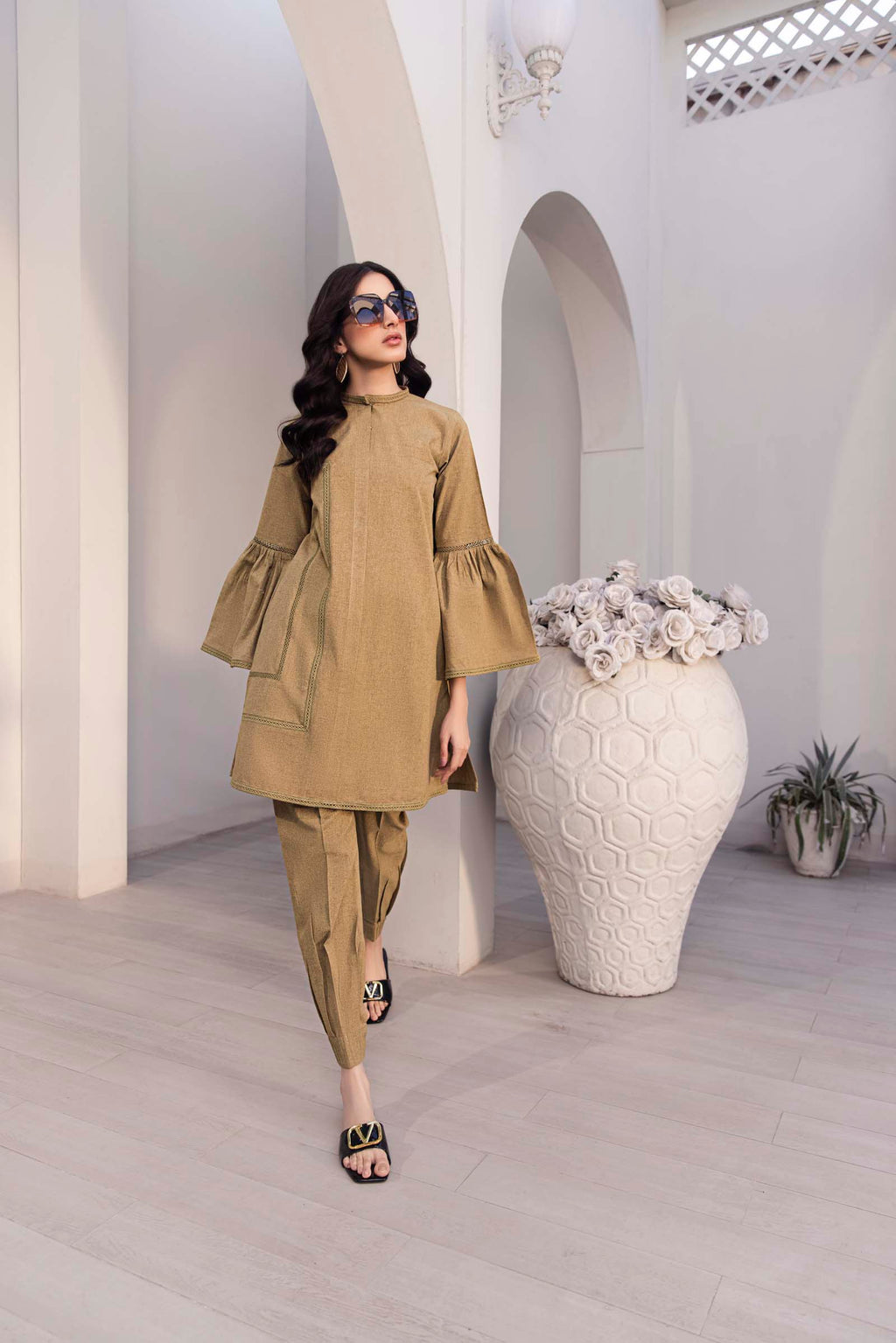 Khaki Green Flared Sleeve 2 Piece Suit | Izel | Oya