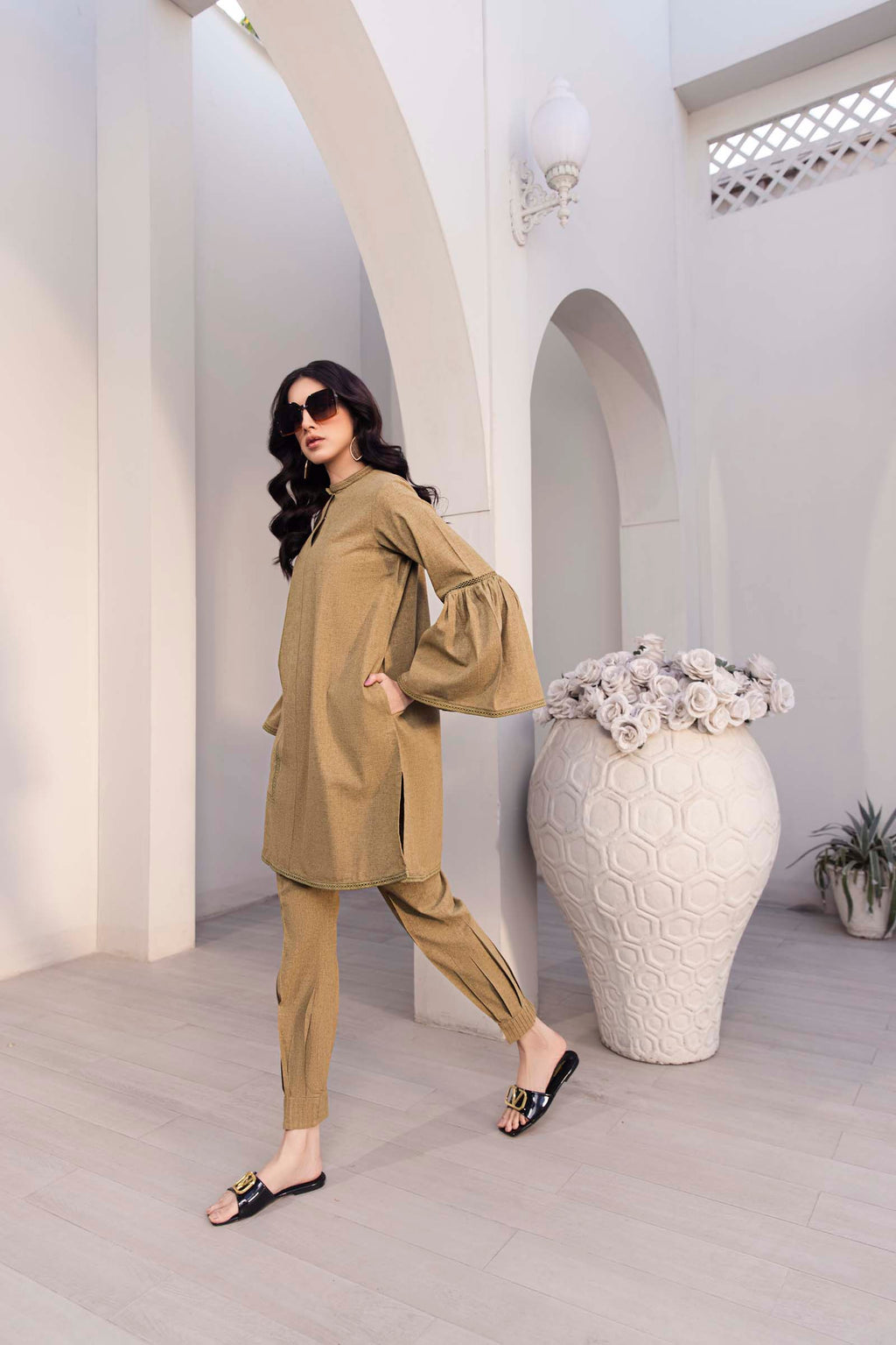 Khaki Green Flared Sleeve 2 Piece Suit | Izel | Oya