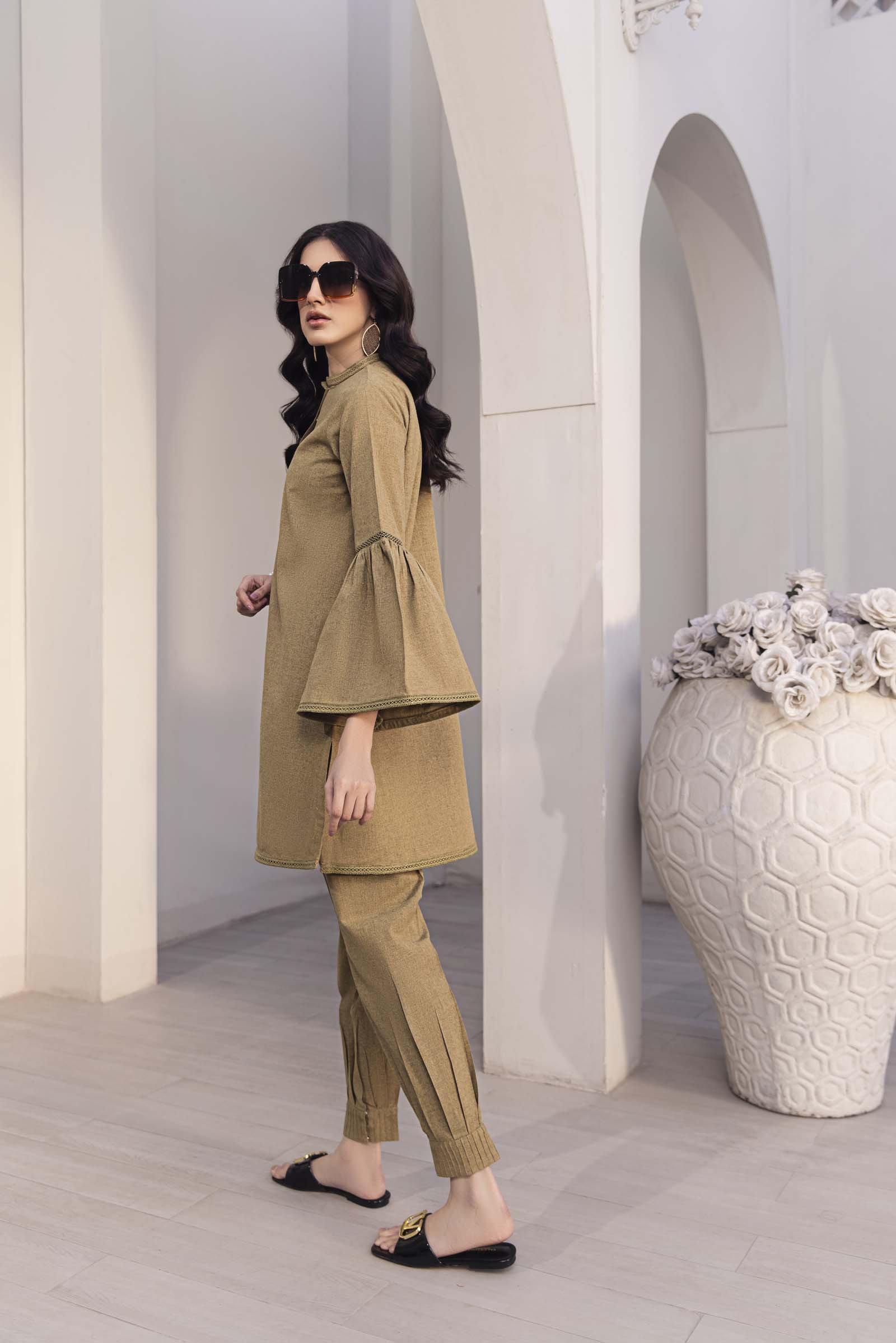 Khaki Green Flared Sleeve 2 Piece Suit | Izel | Oya