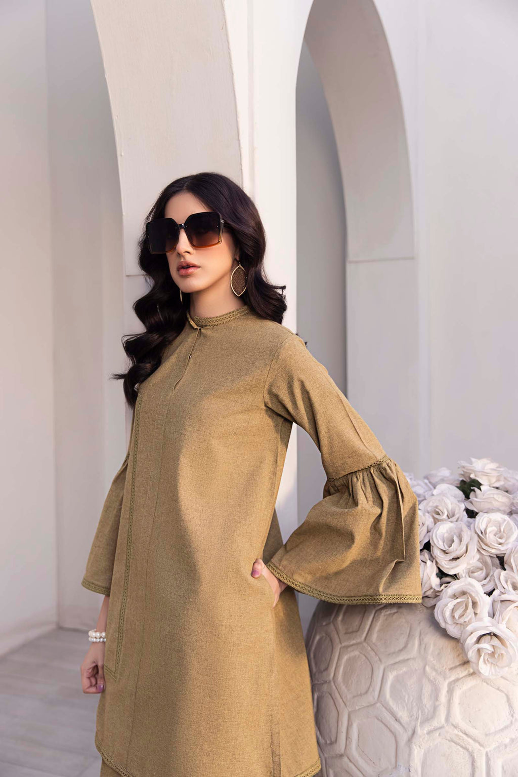 Khaki Green Flared Sleeve 2 Piece Suit | Izel | Oya