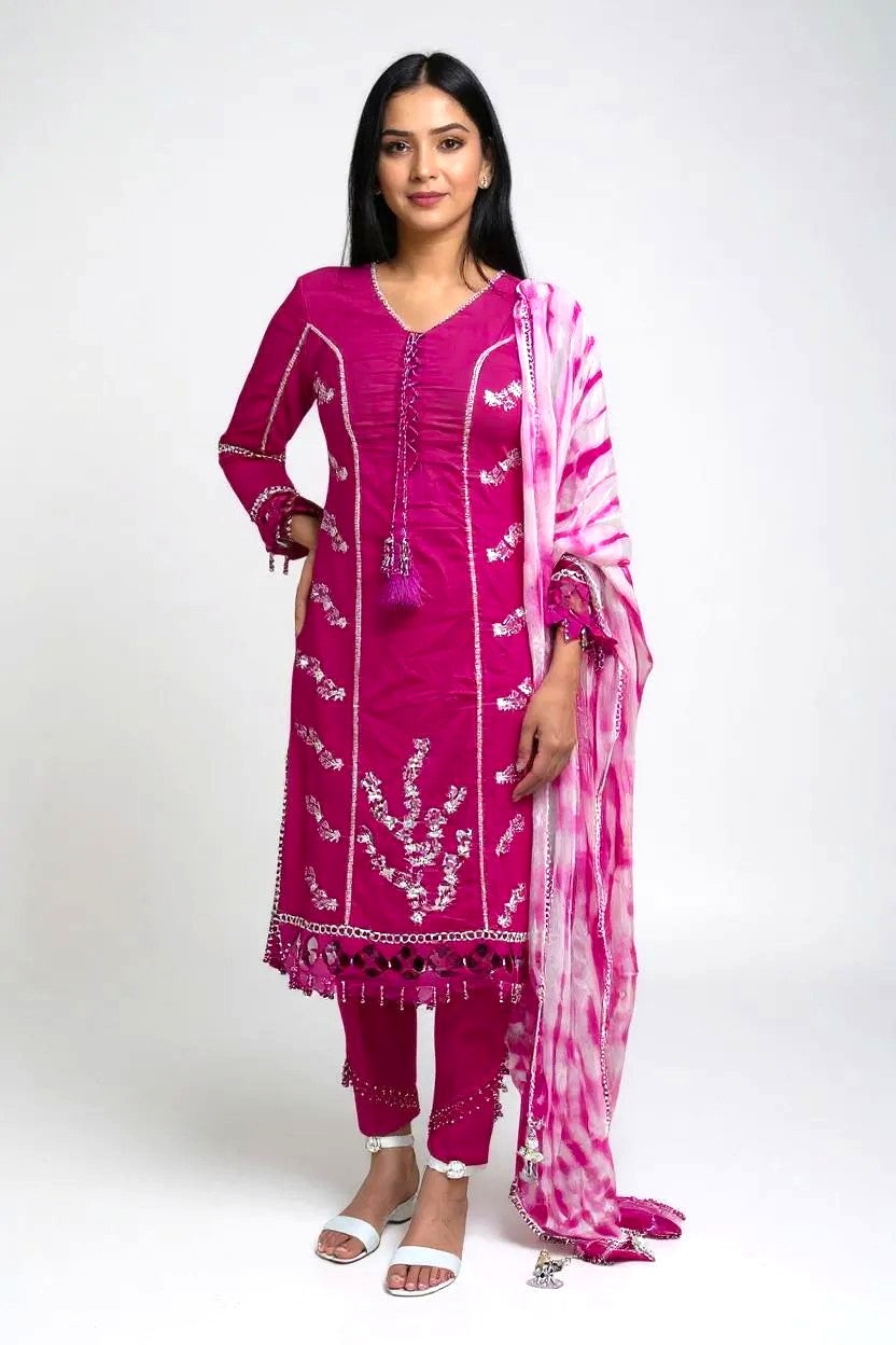Pink Lawn Embroidered 3 Piece Suit with Tie-Dye Chiffon Dupatta | SK Designs | SKF5