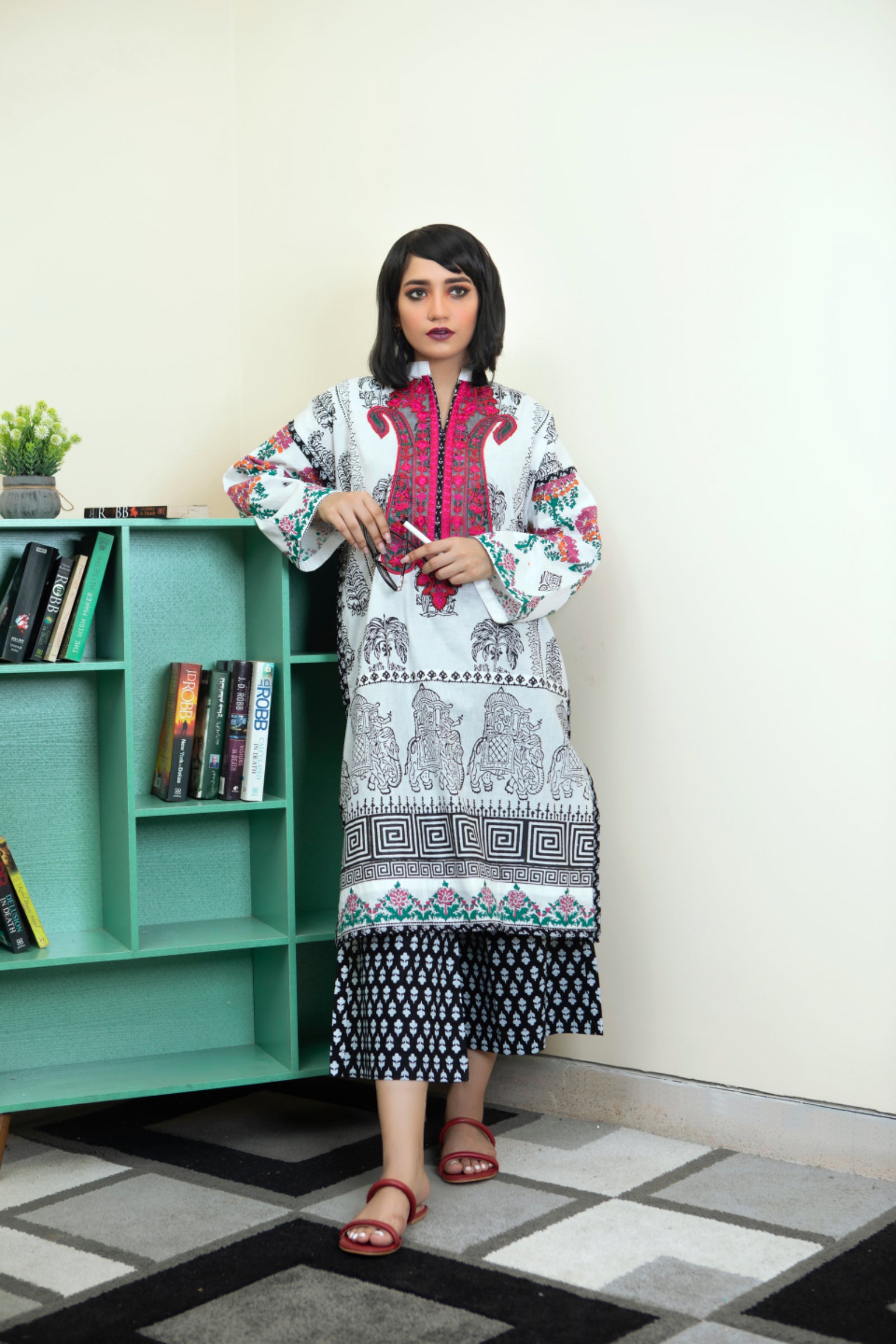 White & Black Embroidered Block Print 2 Piece Suit | ZUN | Reha