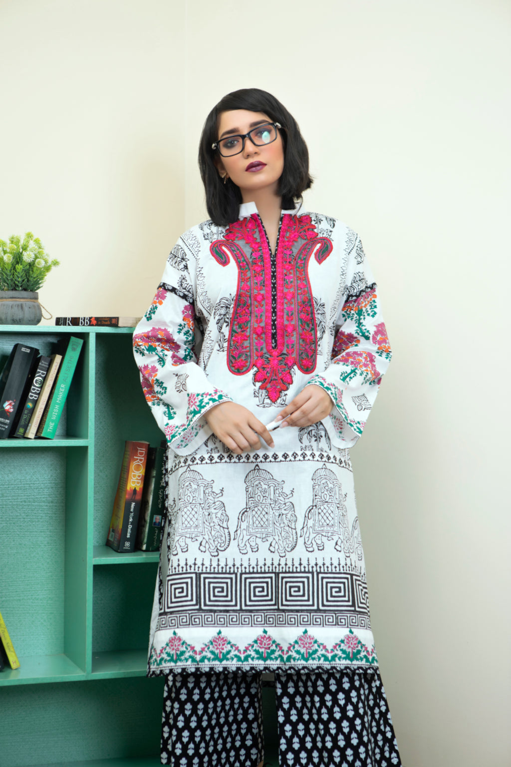 White & Black Embroidered Block Print 2 Piece Suit | ZUN | Reha