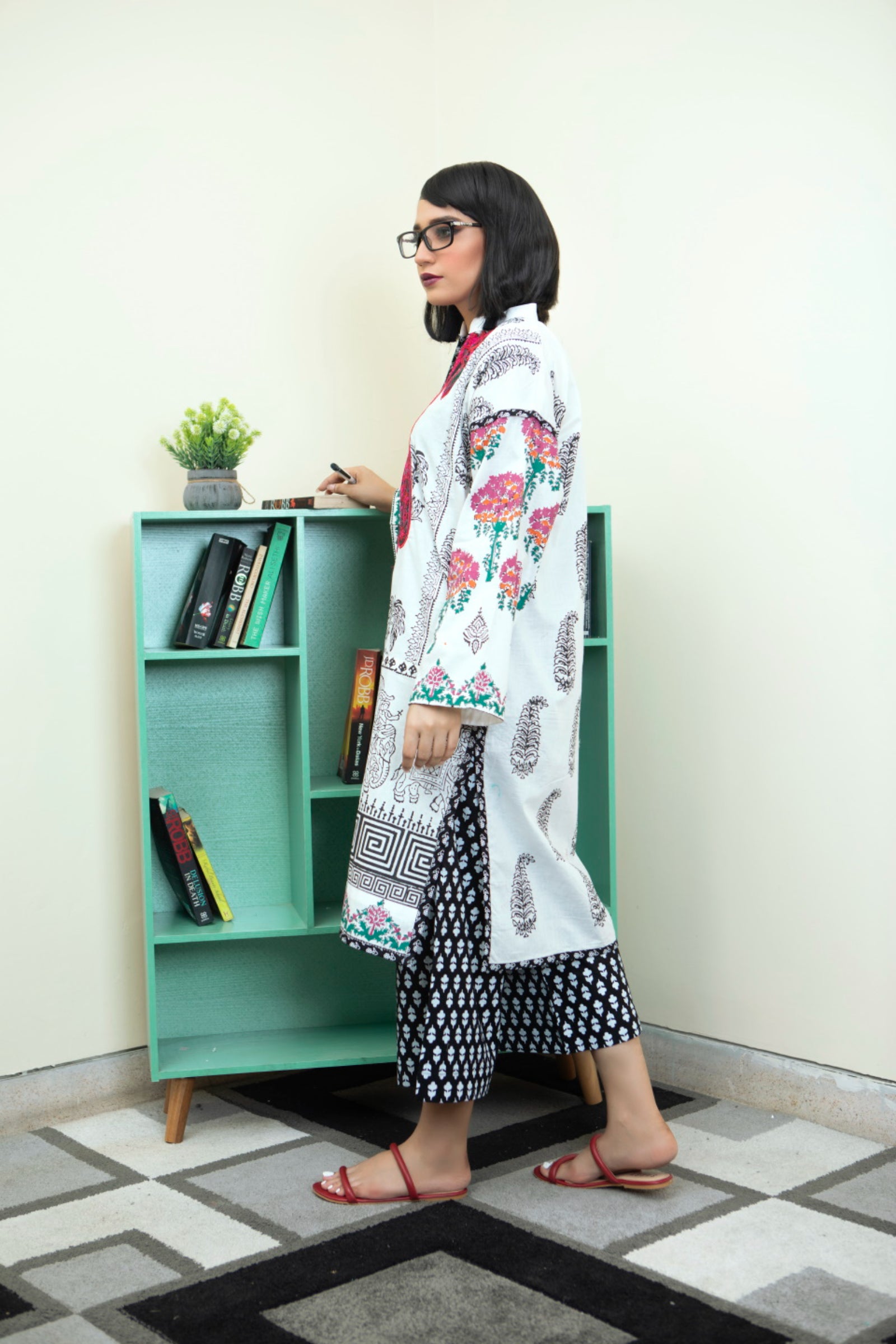 White & Black Embroidered Block Print 2 Piece Suit | ZUN | Reha