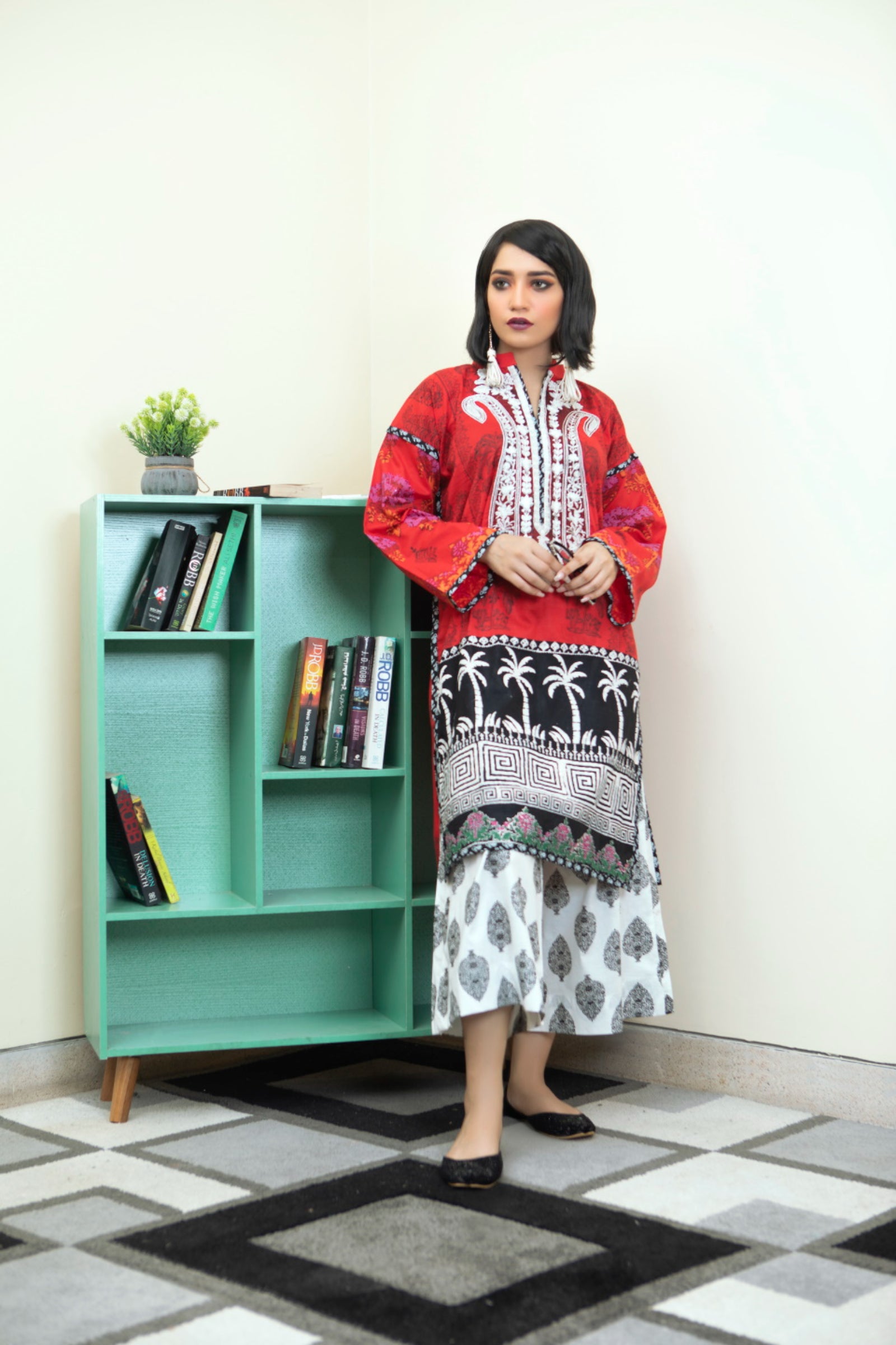 Red Embroidered & Block Print 2 Piece Suit | ZUN | Sanya