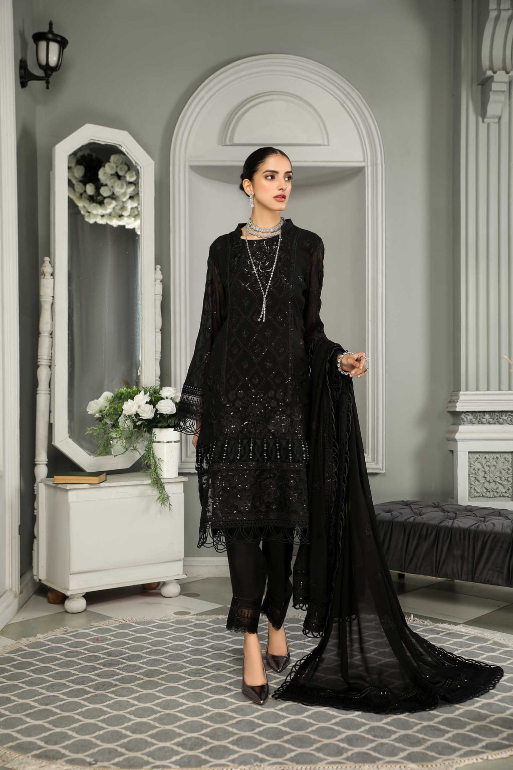Black Embroidered Chiffon 3 Piece Suit | Maan Mayal | Sayonee