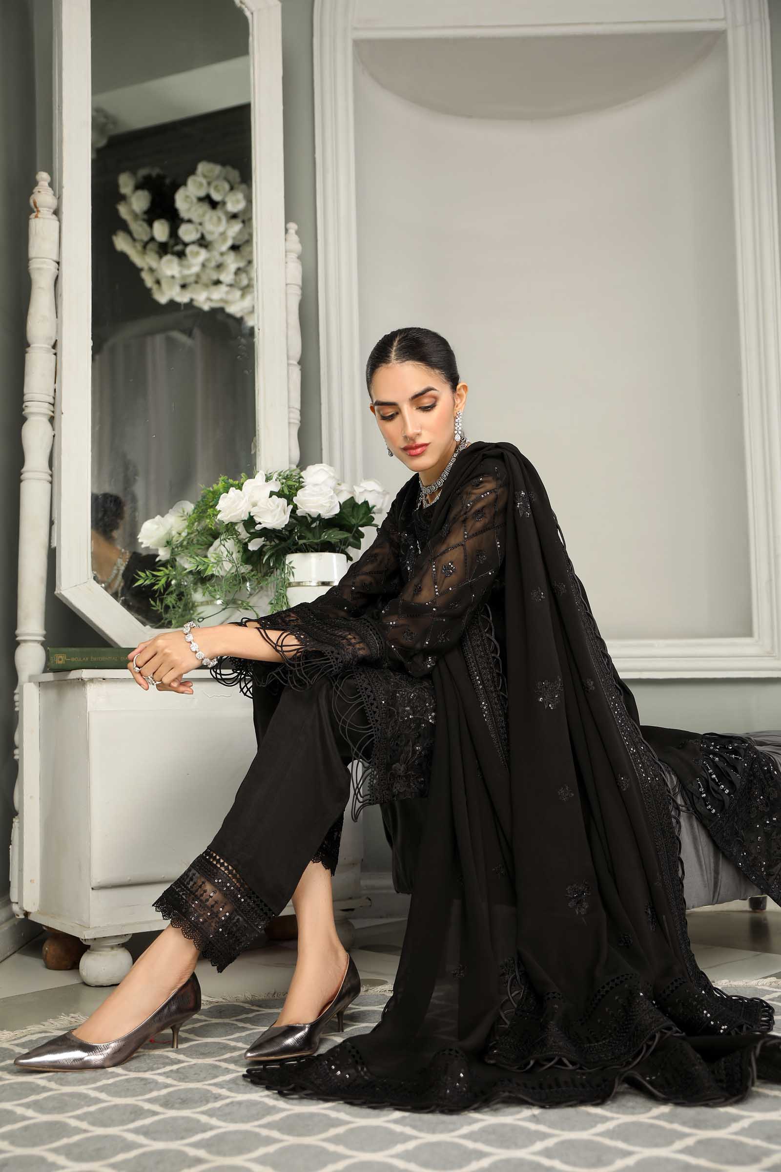 Black Embroidered Chiffon 3 Piece Suit | Maan Mayal | Sayonee