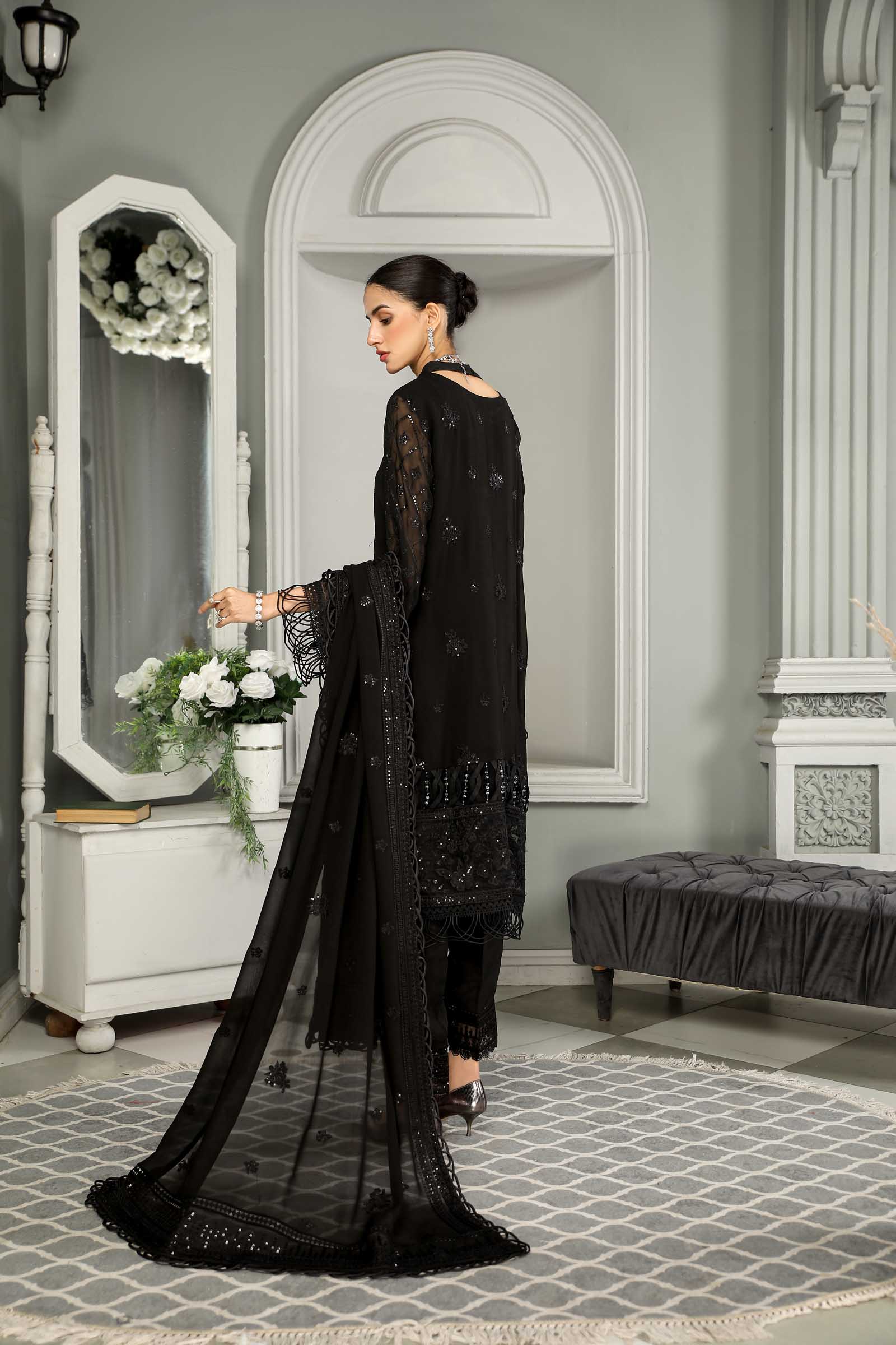 Black Embroidered Chiffon 3 Piece Suit | Maan Mayal | Sayonee