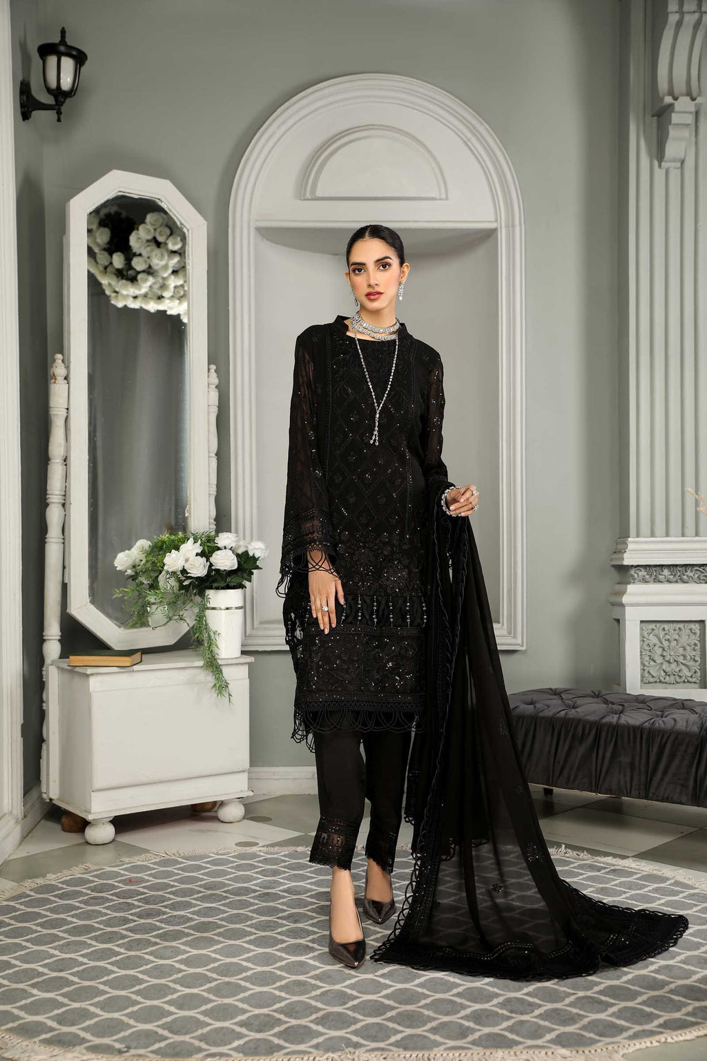 Black Embroidered Chiffon 3 Piece Suit | Maan Mayal | Sayonee
