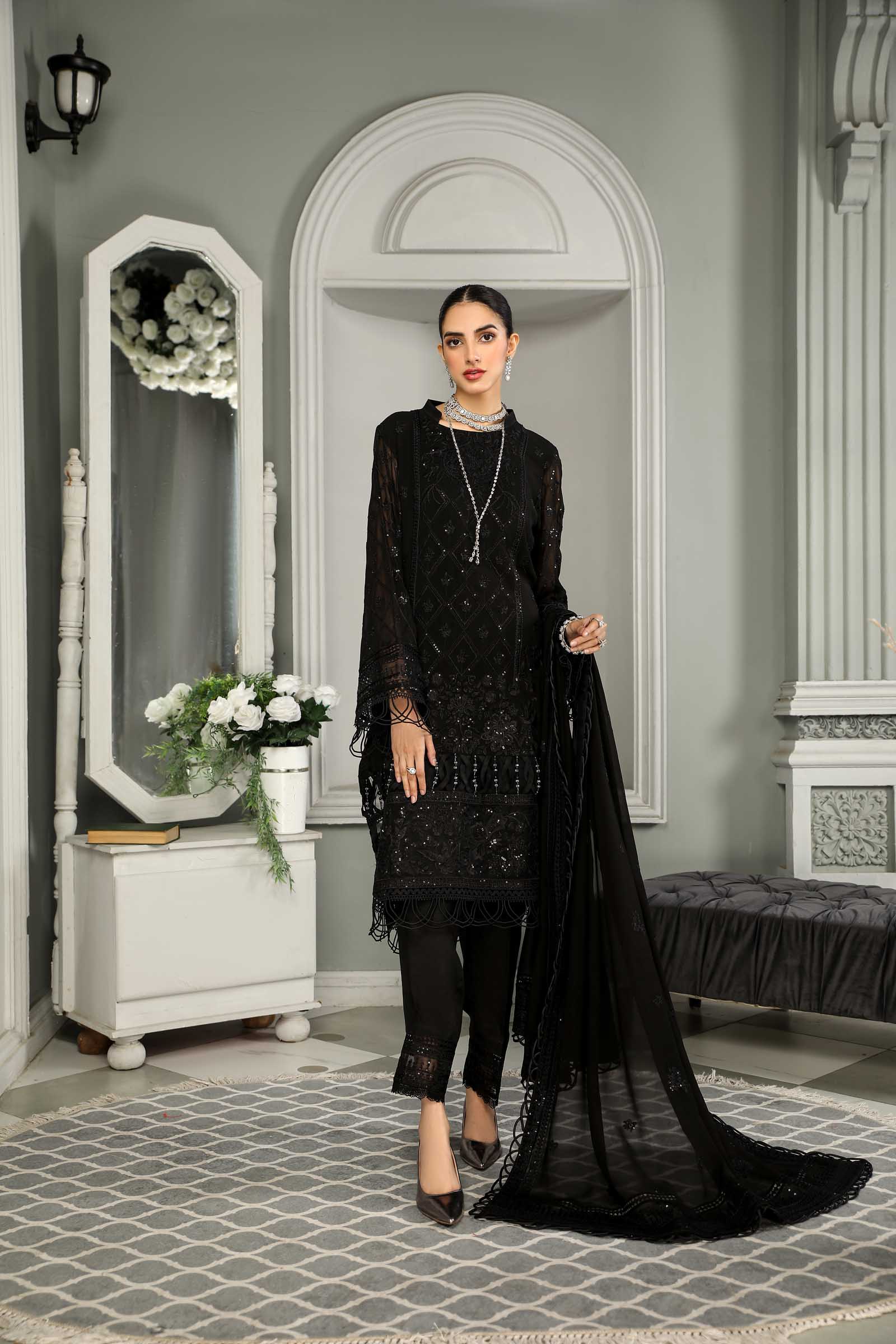 Black Embroidered Chiffon 3 Piece Suit | Maan Mayal | Sayonee