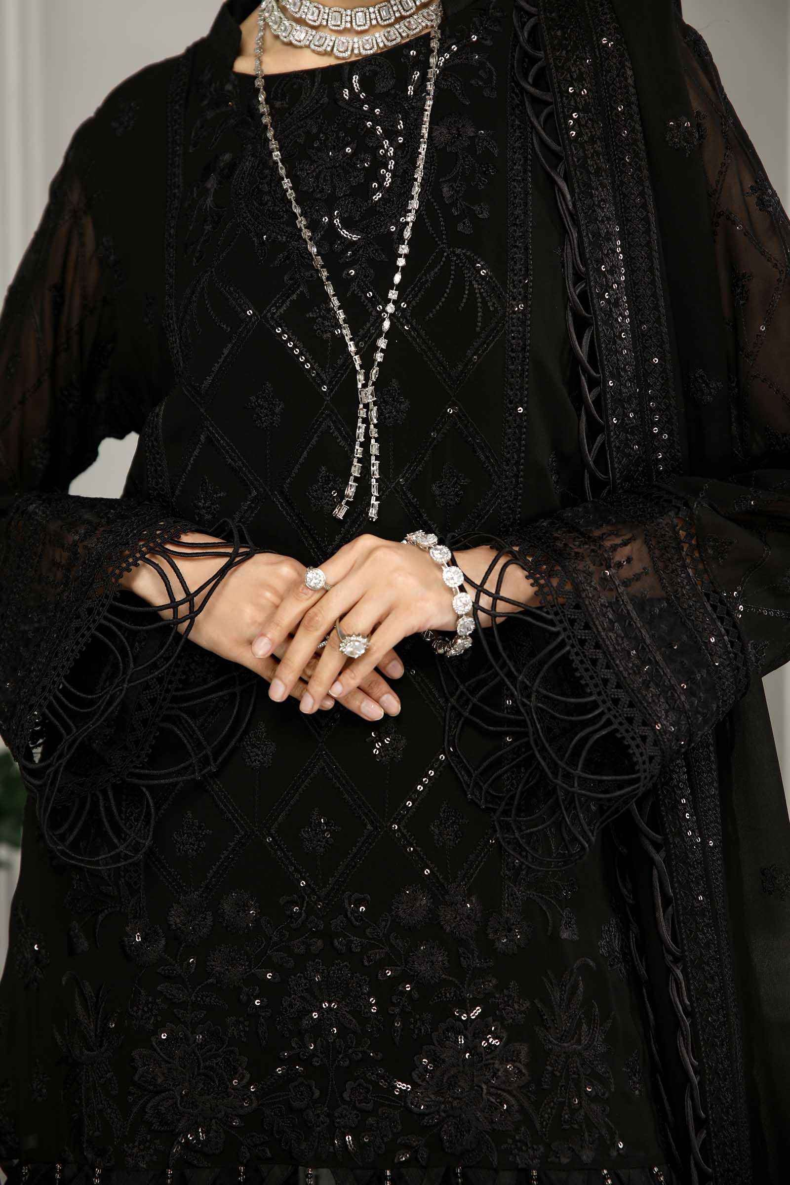 Black Embroidered Chiffon 3 Piece Suit | Maan Mayal | Sayonee