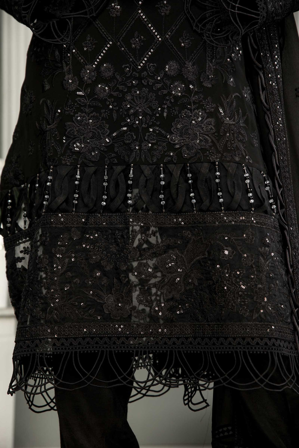 Black Embroidered Chiffon 3 Piece Suit | Maan Mayal | Sayonee