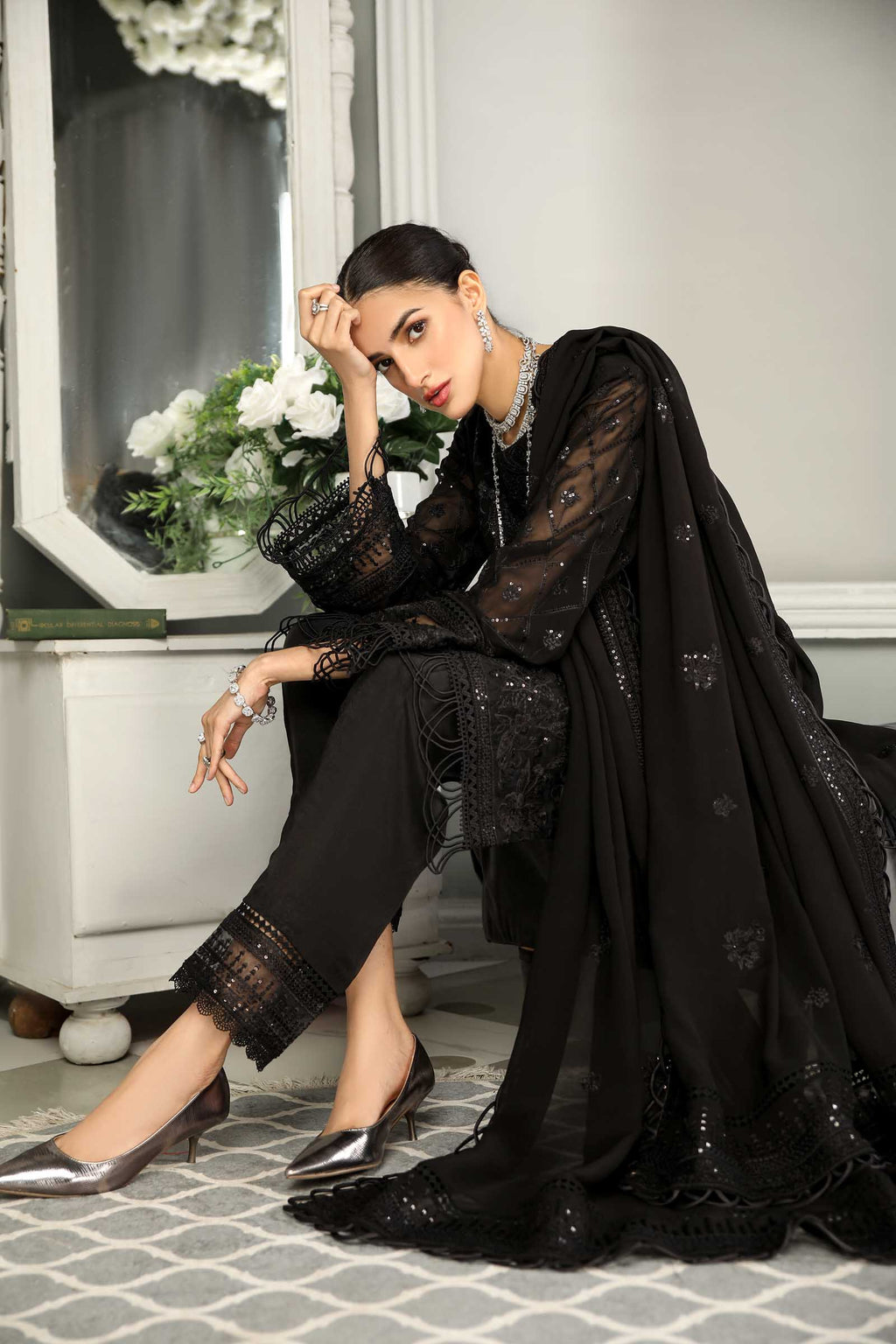 Black Embroidered Chiffon 3 Piece Suit | Maan Mayal | Sayonee