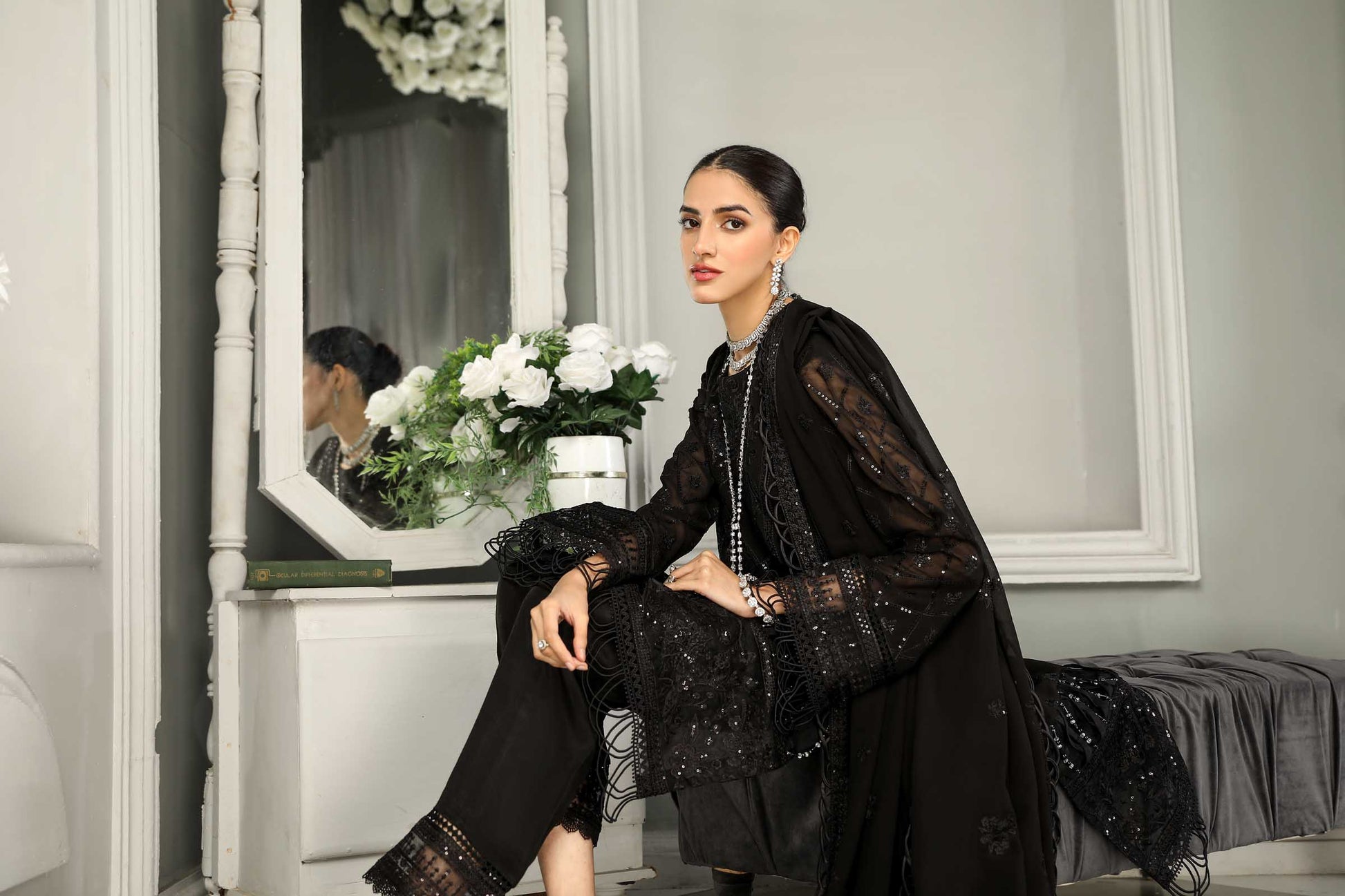Black Embroidered Chiffon 3 Piece Suit | Maan Mayal | Sayonee