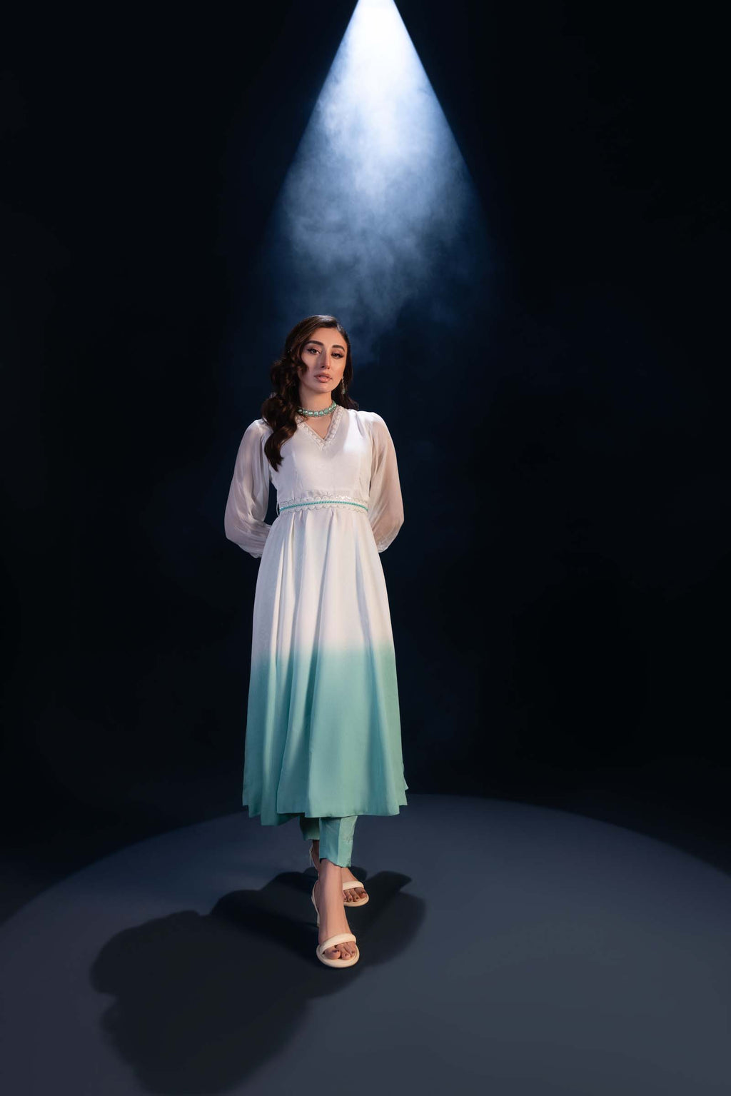 White & Aqua Ombre Maxi Dress 3 Piece Suit | Enchanté | Seren