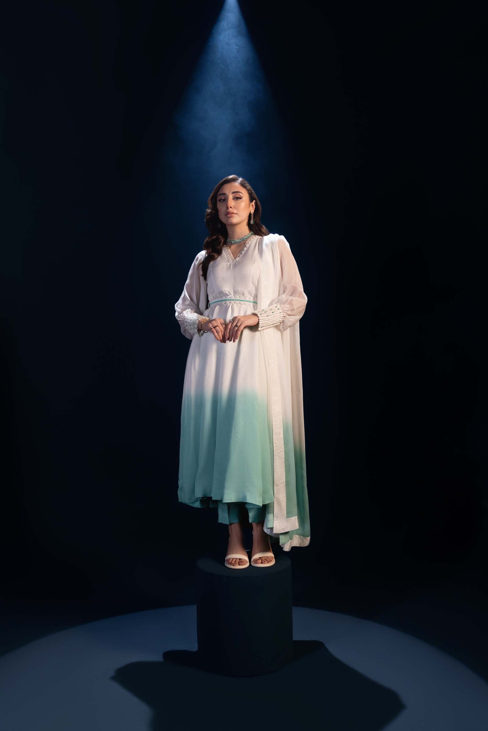 White & Aqua Ombre Maxi Dress 3 Piece Suit | Enchanté | Seren