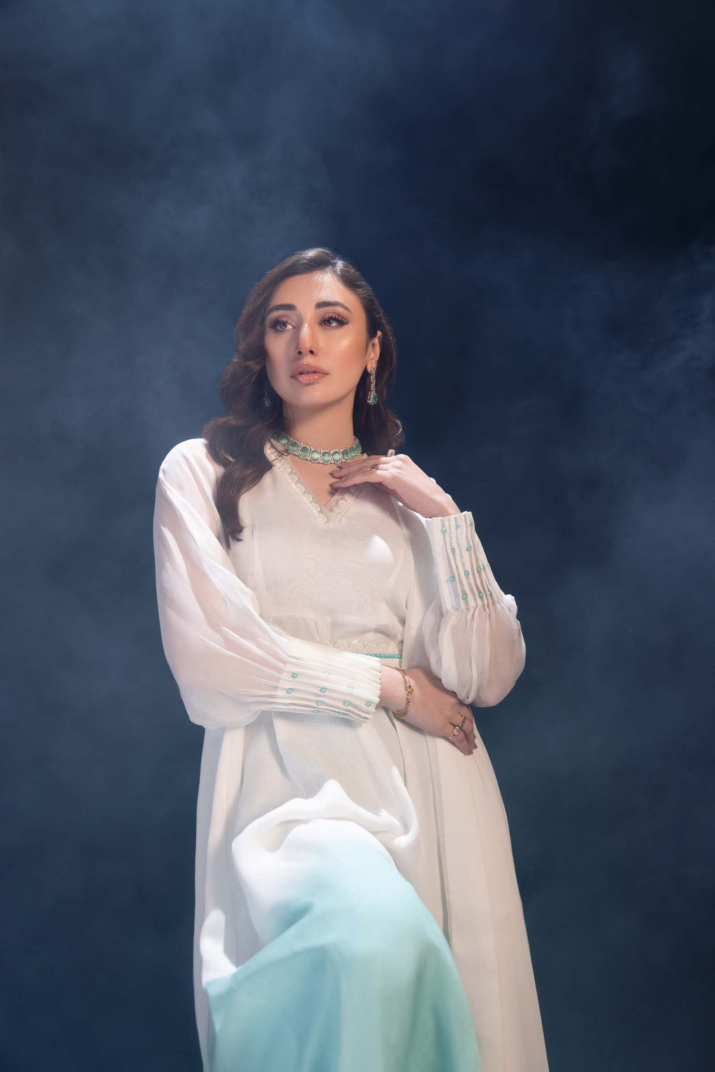 White & Aqua Ombre Maxi Dress 3 Piece Suit | Enchanté | Seren