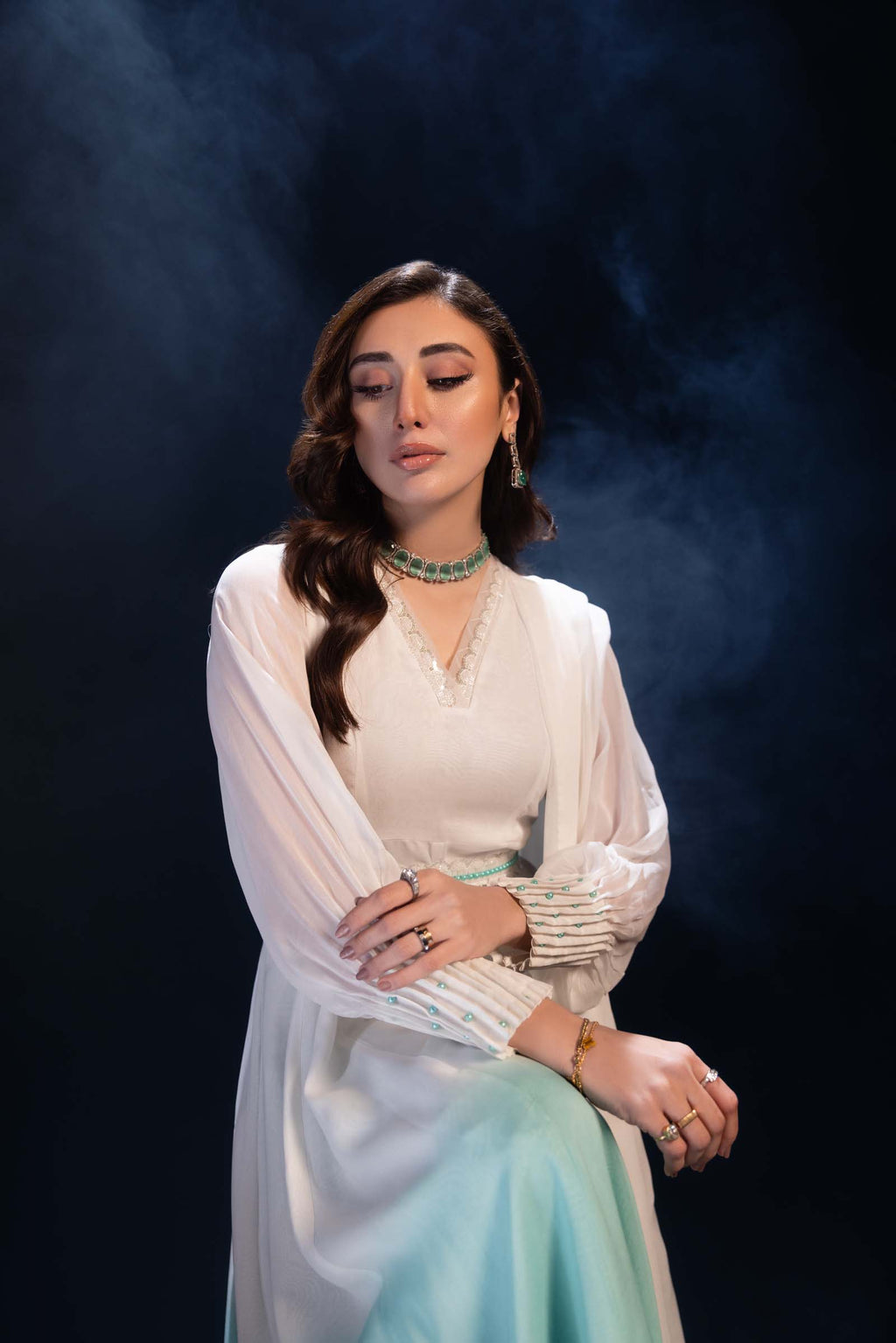 White & Aqua Ombre Maxi Dress 3 Piece Suit | Enchanté | Seren