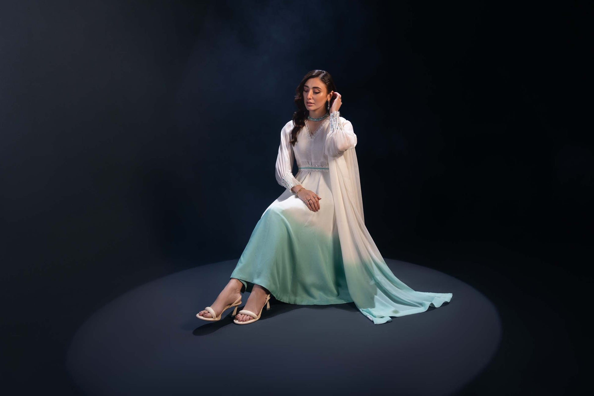 White & Aqua Ombre Maxi Dress 3 Piece Suit | Enchanté | Seren