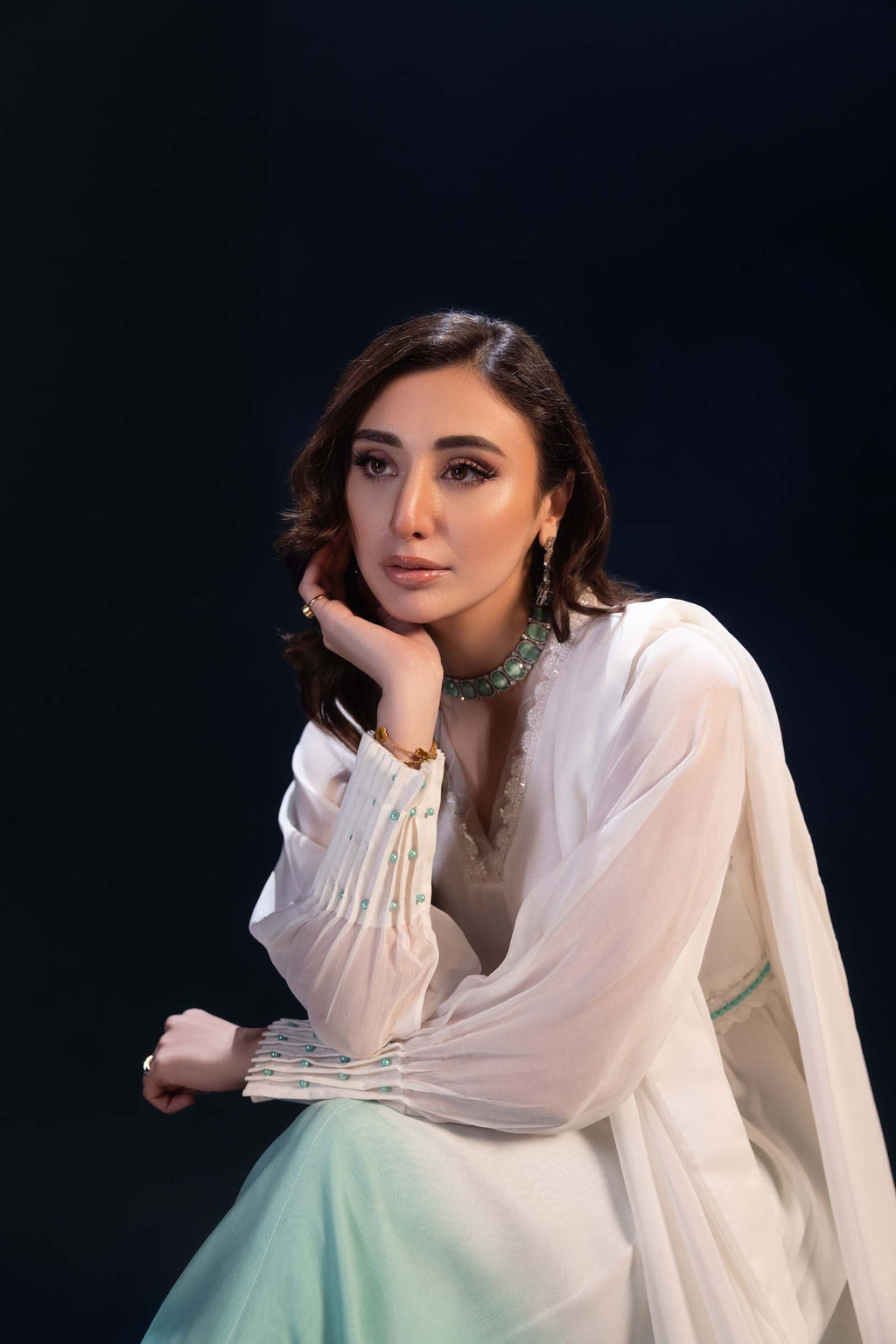 White & Aqua Ombre Maxi Dress 3 Piece Suit | Enchanté | Seren