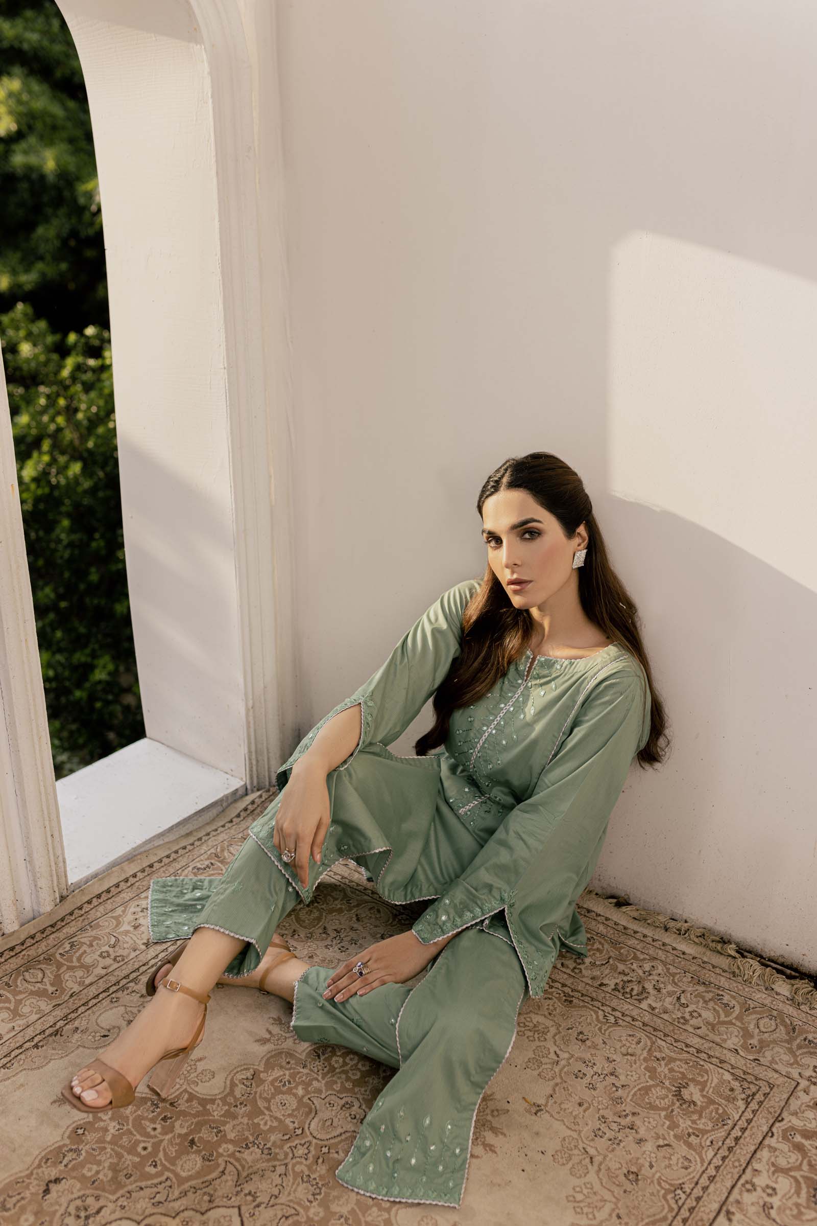 Green Embroidered 2 Piece Suit | Izel | Shajar