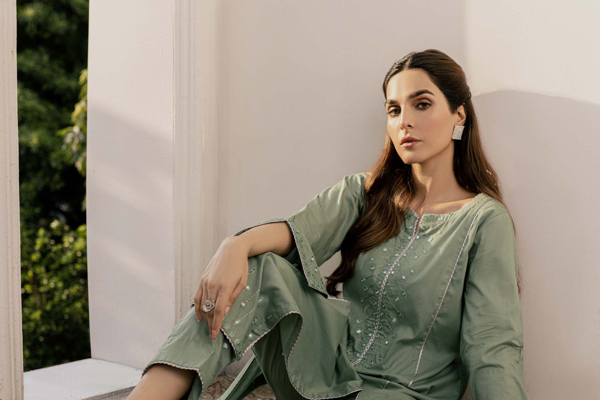 Green Embroidered 2 Piece Suit | Izel | Shajar