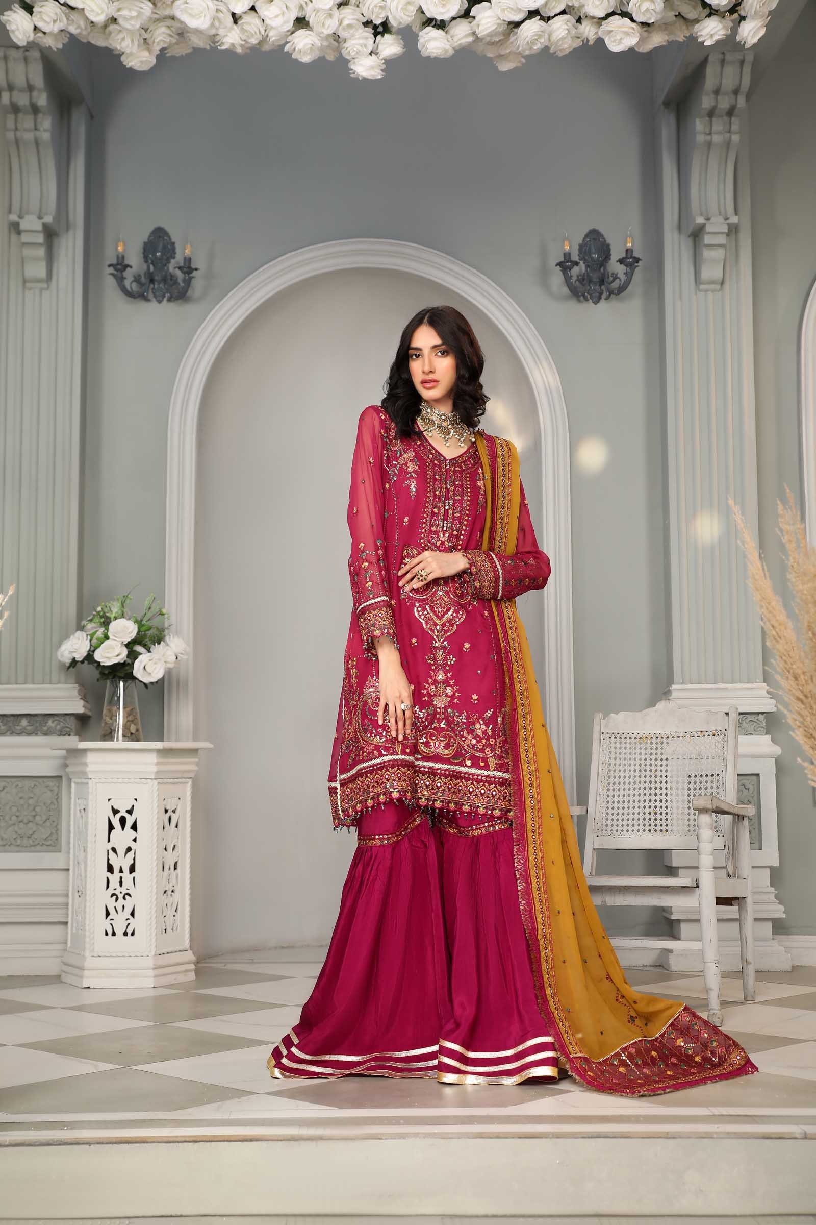 Magenta Embroidered Chiffon 3 Piece Suit | Maan Mayal | Tabassum