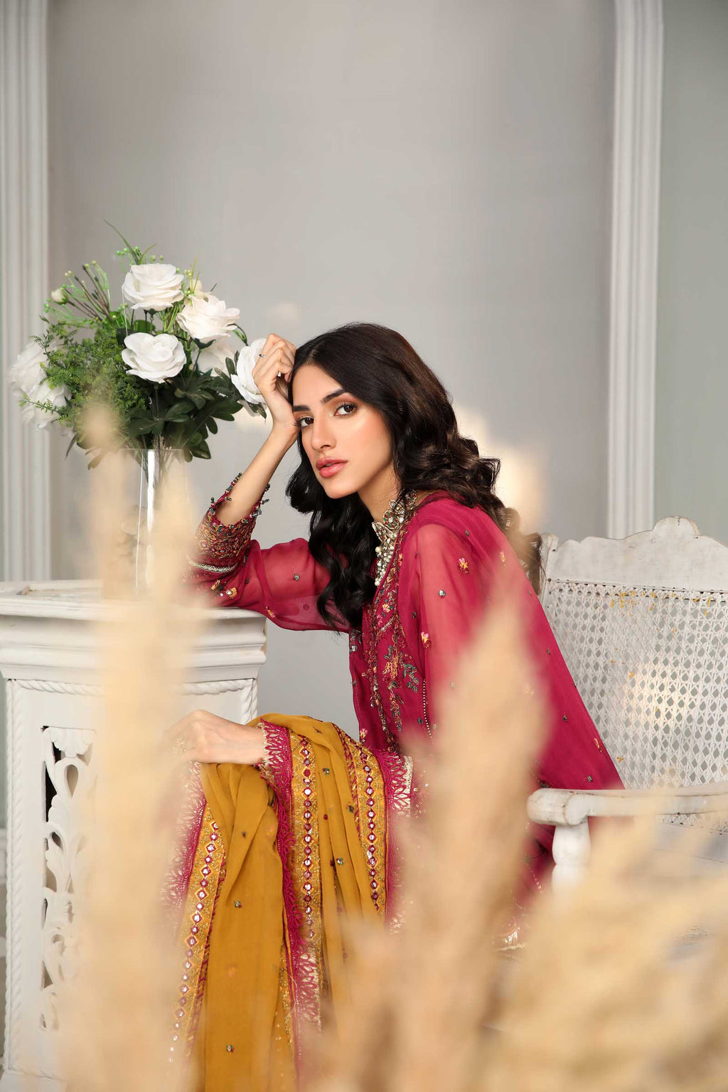 Magenta Embroidered Chiffon 3 Piece Suit | Maan Mayal | Tabassum